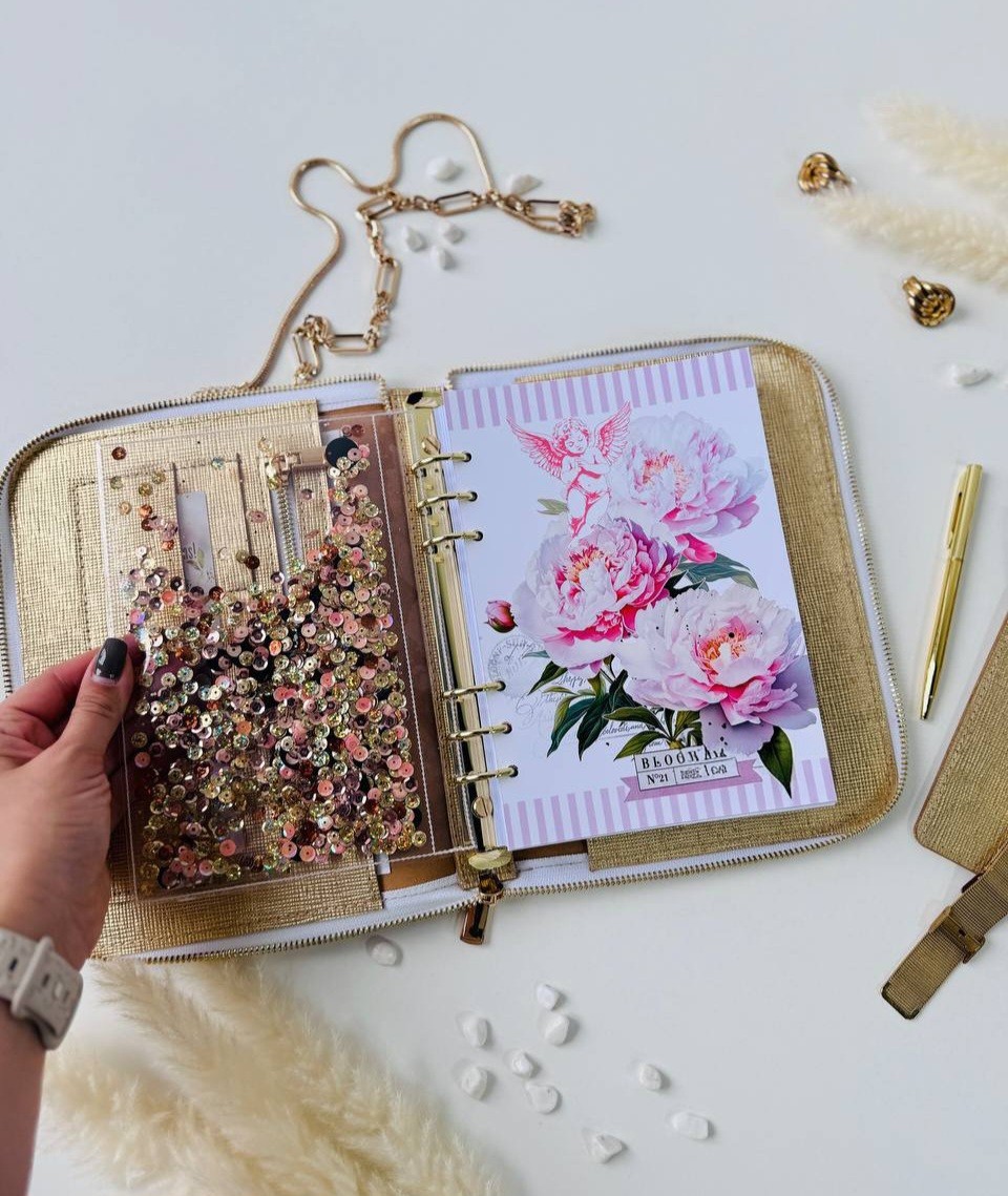 Golden leather Binder Planner Journal Gift A5. Dairy planner organizer handmade.