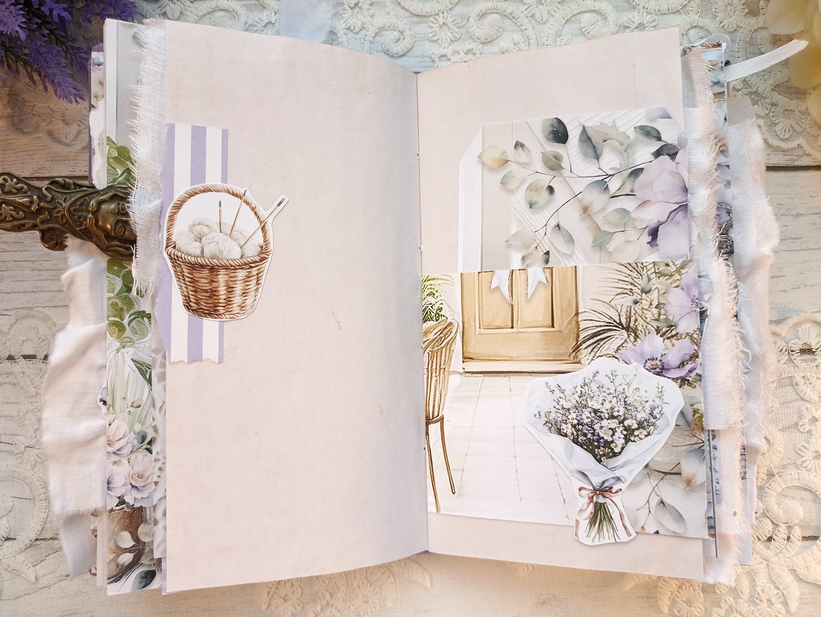 Junk Journal Handmade Lace Purple Lavender Notebook Decorated USA 8×4 in
