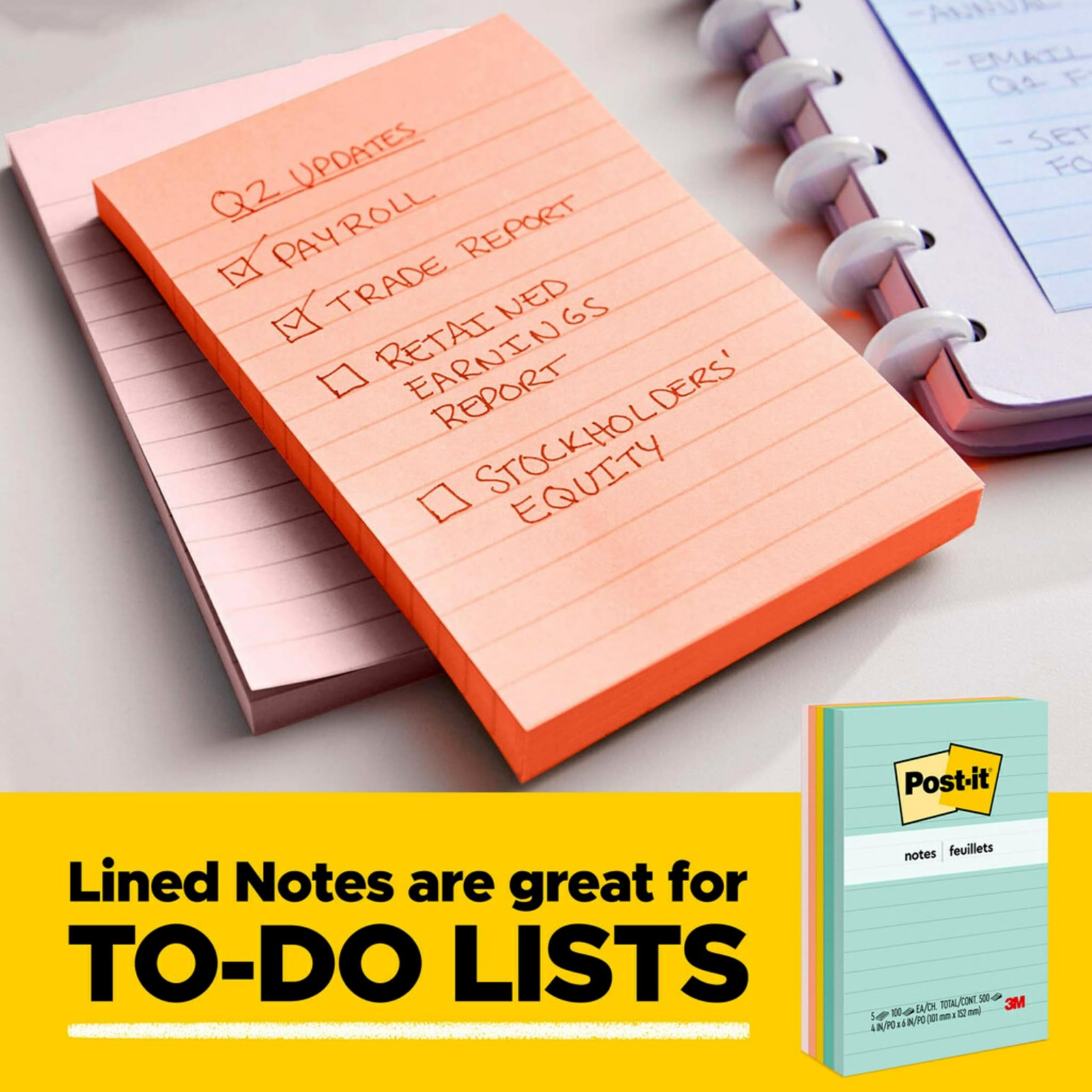 Post-it(R) Notes 4 in x 6 in,Marseille Collection, Lined 5 Pads/Pack, 100 Sheets
