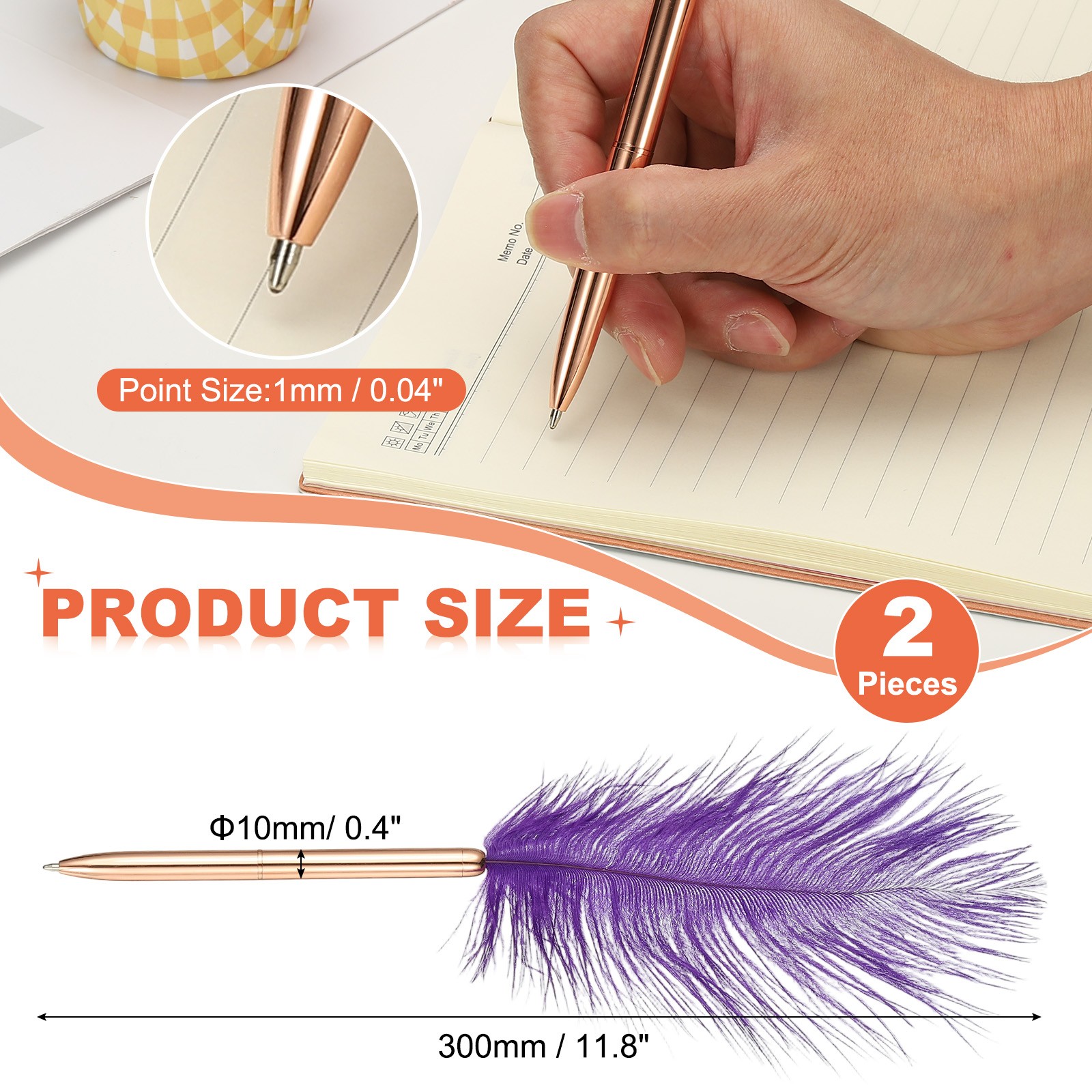 Feather Ballpoint Pens Bulk, 2Pcs Writing Pens Style 1, Dark Purple/Rose Gold