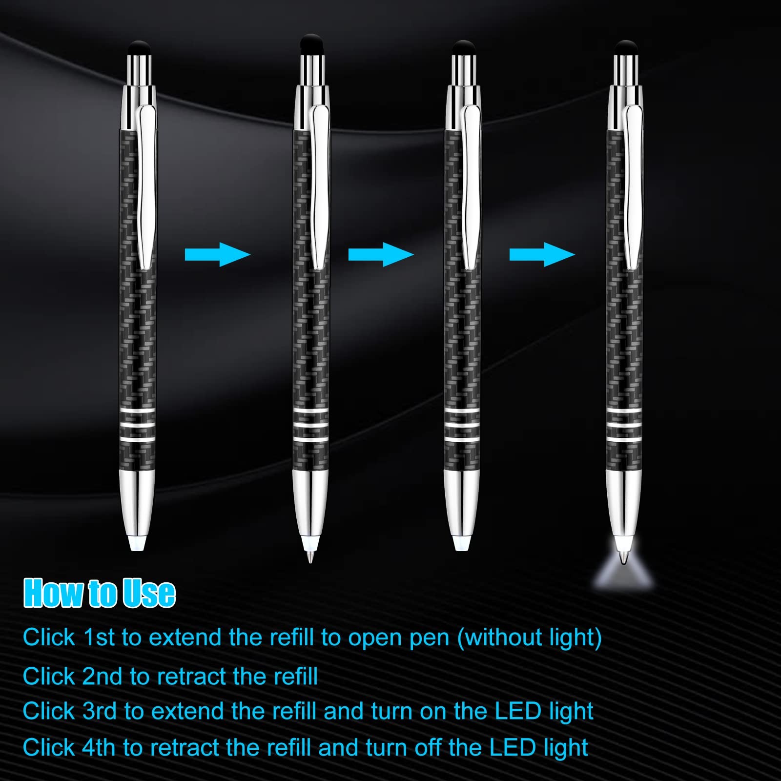 Glovion Lighted Tip Pen with Stylus 3-in-1 1 Count (Pack of 3), White Light