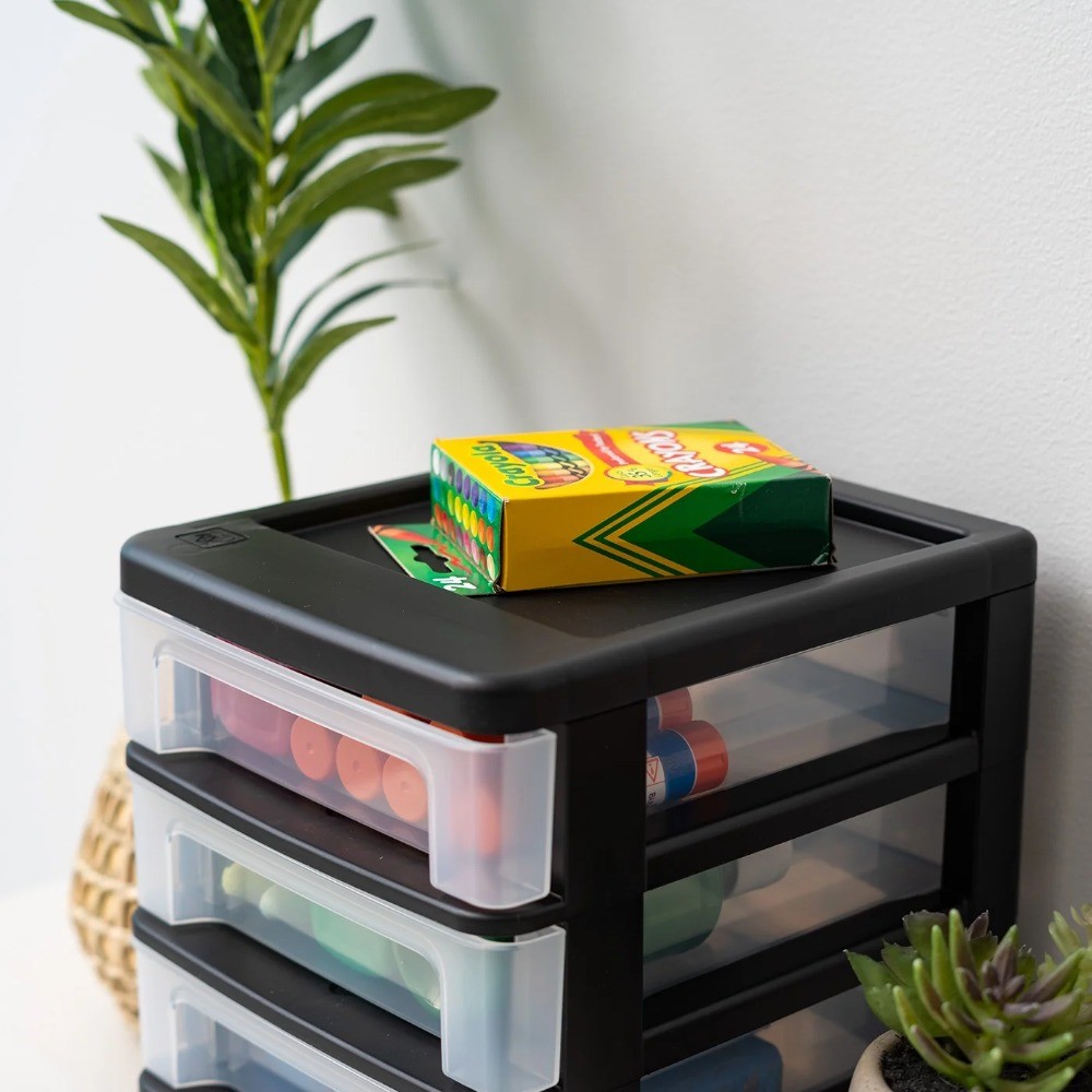 Small 4-Drawer Compact Organizer, Stacking Desktop Unit, Black-Clear, Set of 2