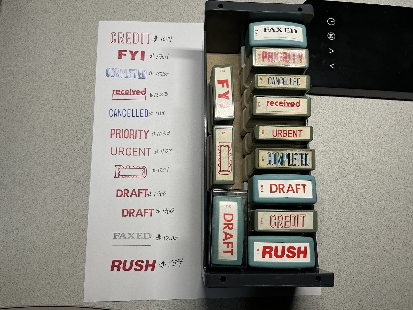 XSTAMPER Pre-Inked Rubber Stamps, Various Wording, 12 Total With Tray, Used