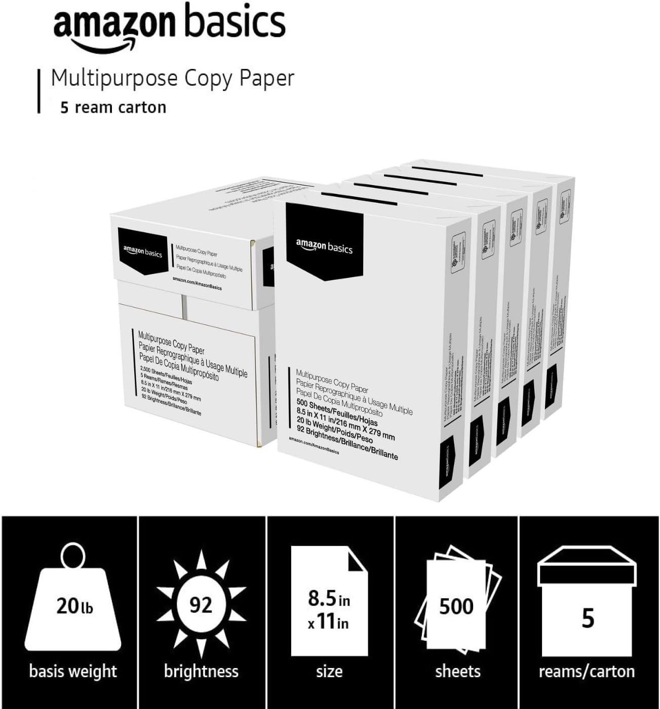 Multipurpose Copy Printer Paper, 20 Lb, 8.5 X 11 Inches, 5 Reams (2,500 Sheets),
