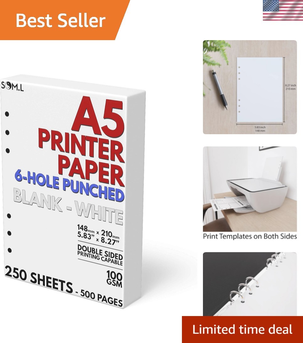 A5 Blank Paper 6-Hole Punched, 250 Sheets 500 Pages, 100 GSM, Printer Paper 1…