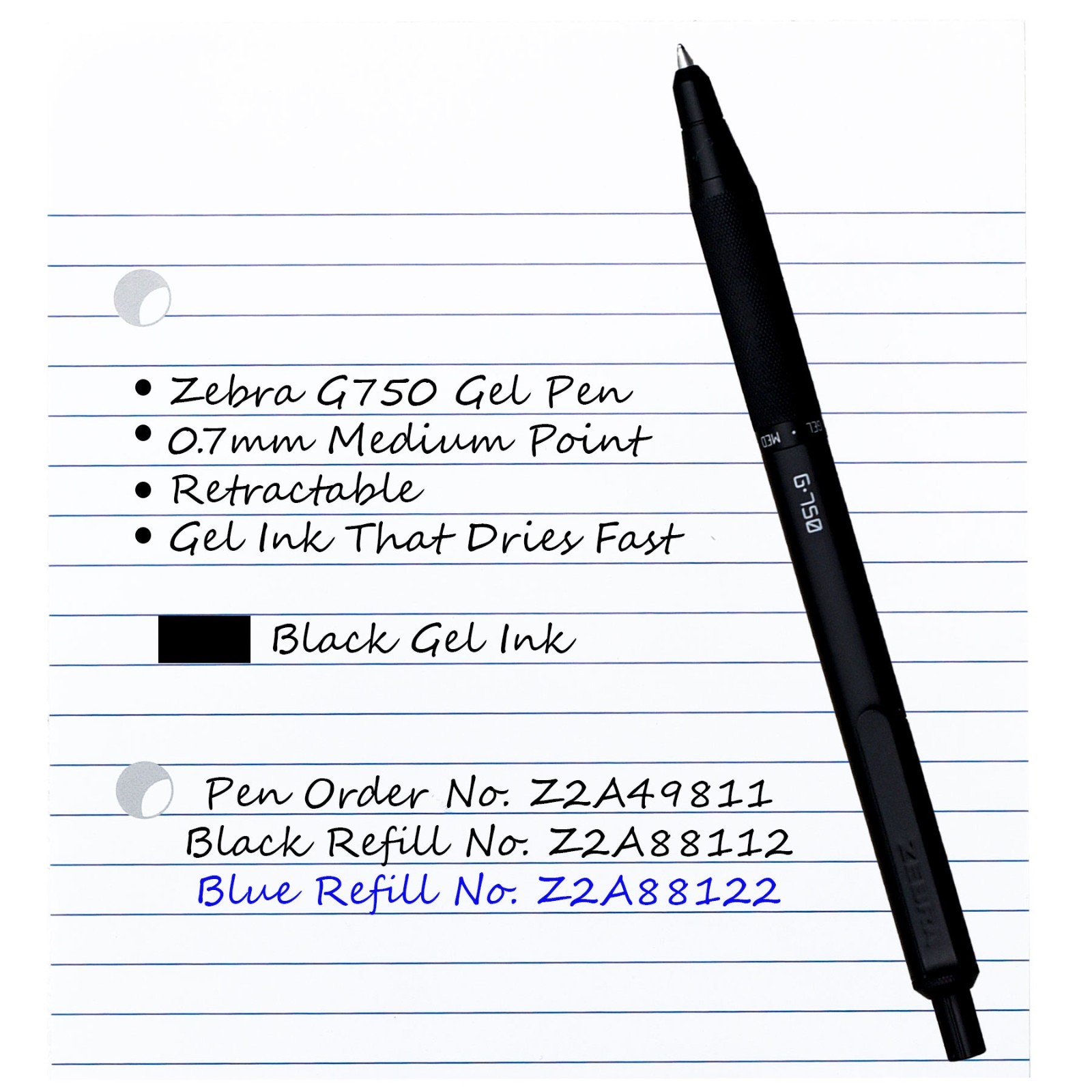Zebra G750 Gel Retractable Pen 49811, Black Barrel, Black Ink, 0.7mm Medium