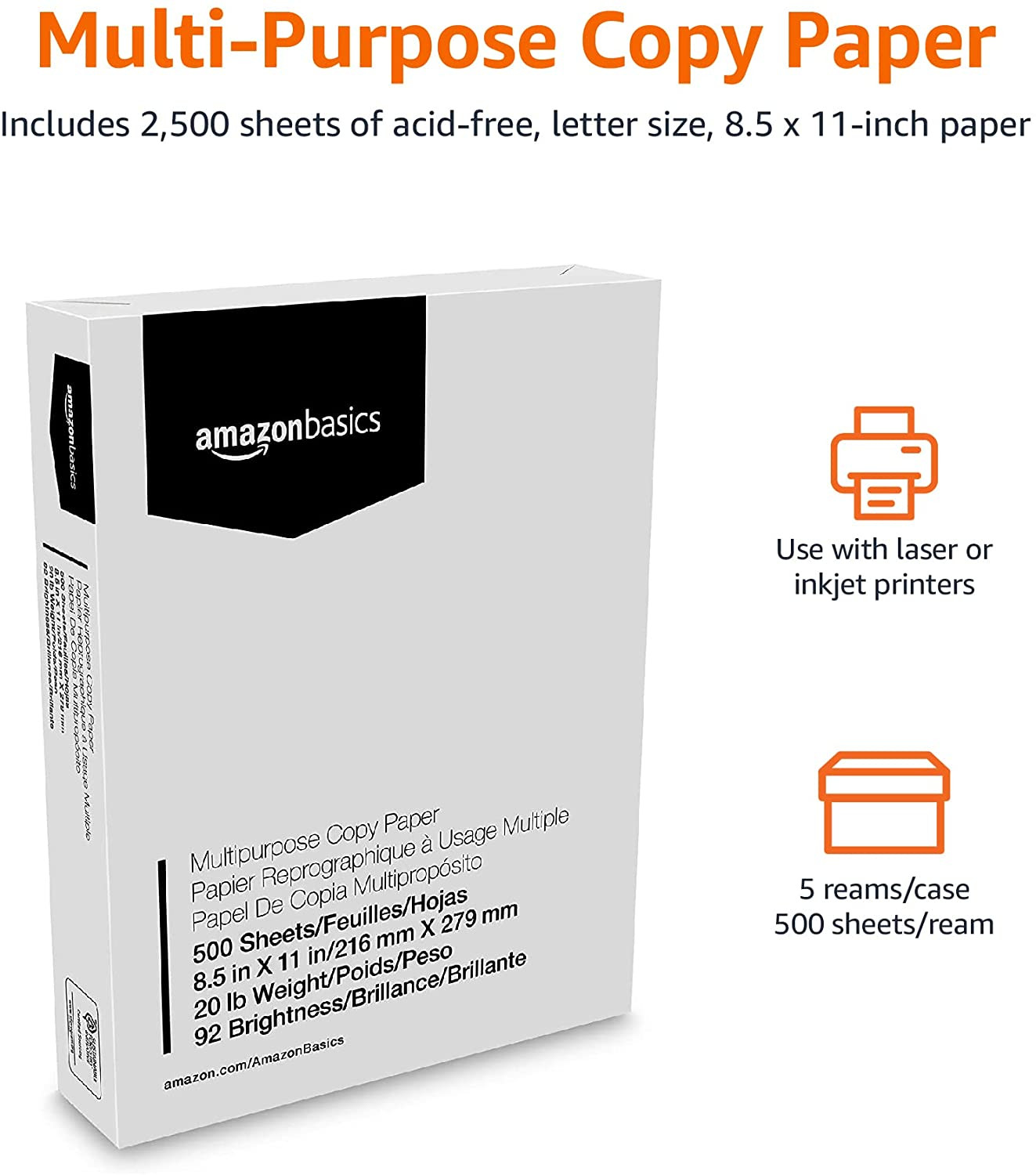 Multipurpose Copy Printer Paper, 20 Lb, 8.5 X 11 Inches, 5 Reams (2,500 Sheets),