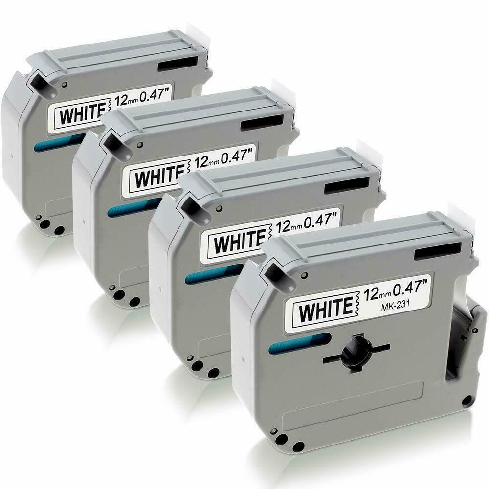4PK Label Tape M-K231 MK231 M231 Black on White 12MM 1/2″ for Brother PT-65