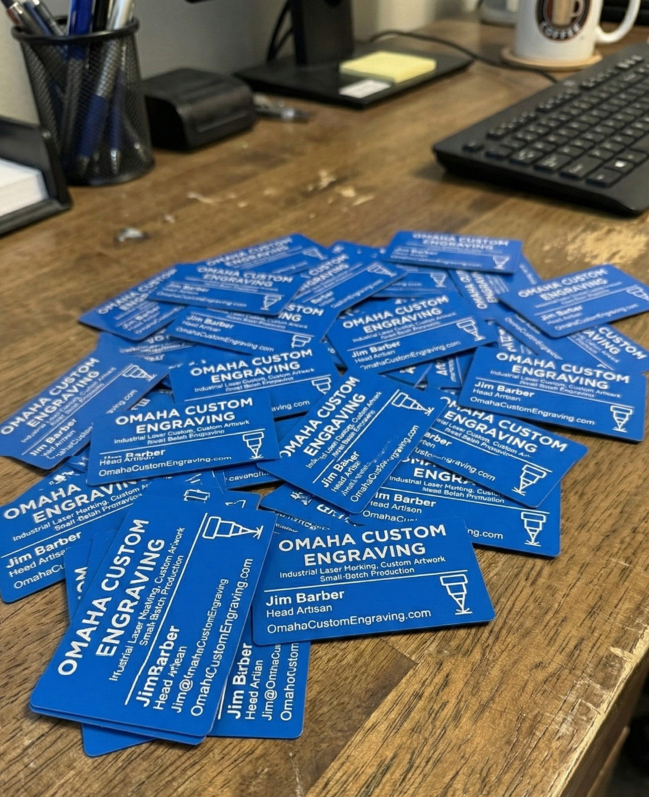 Personalized Metal Business Cards. Custom Laser Engraved Aluminum Red Blue Black