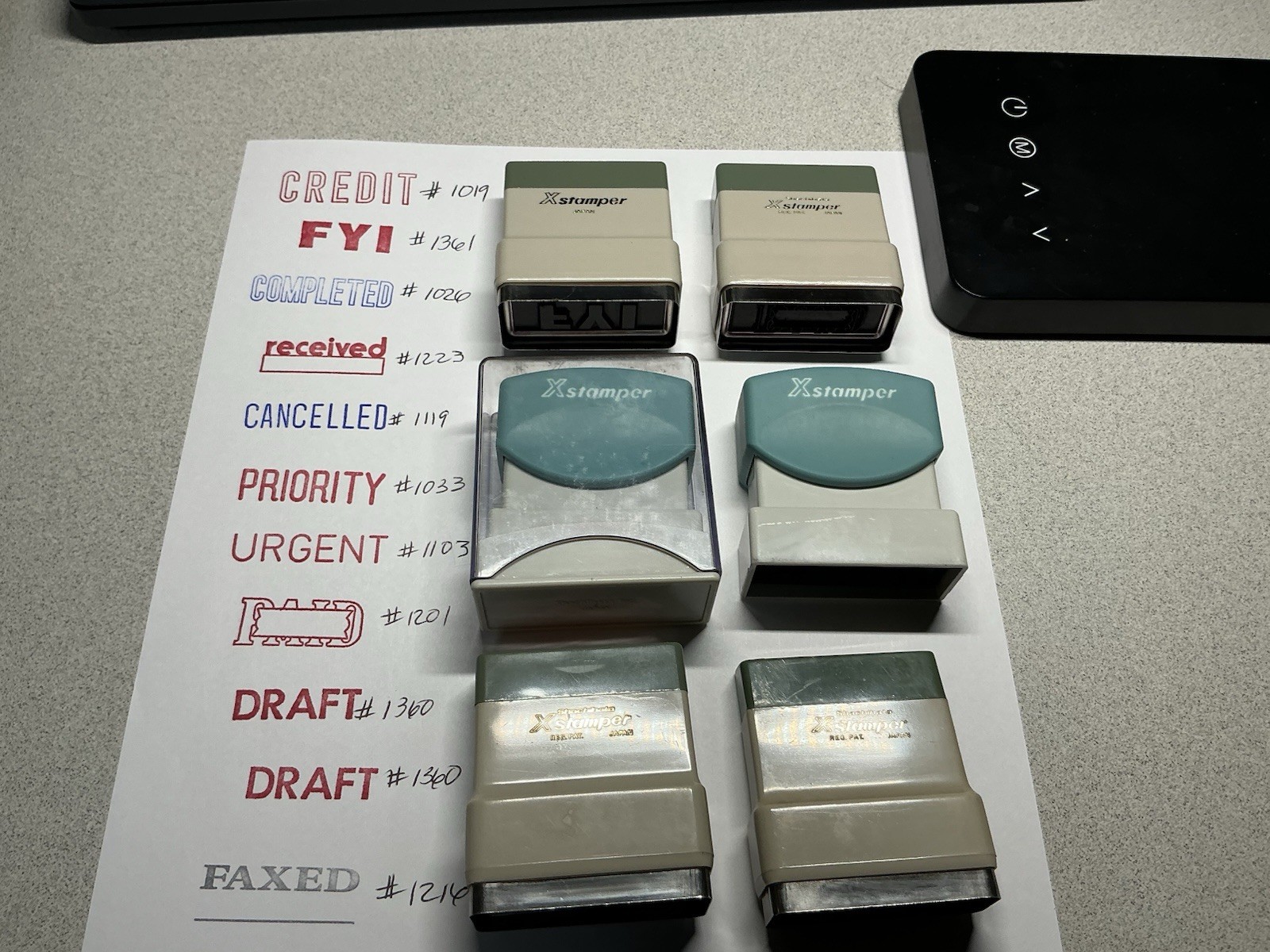 XSTAMPER Pre-Inked Rubber Stamps, Various Wording, 12 Total With Tray, Used