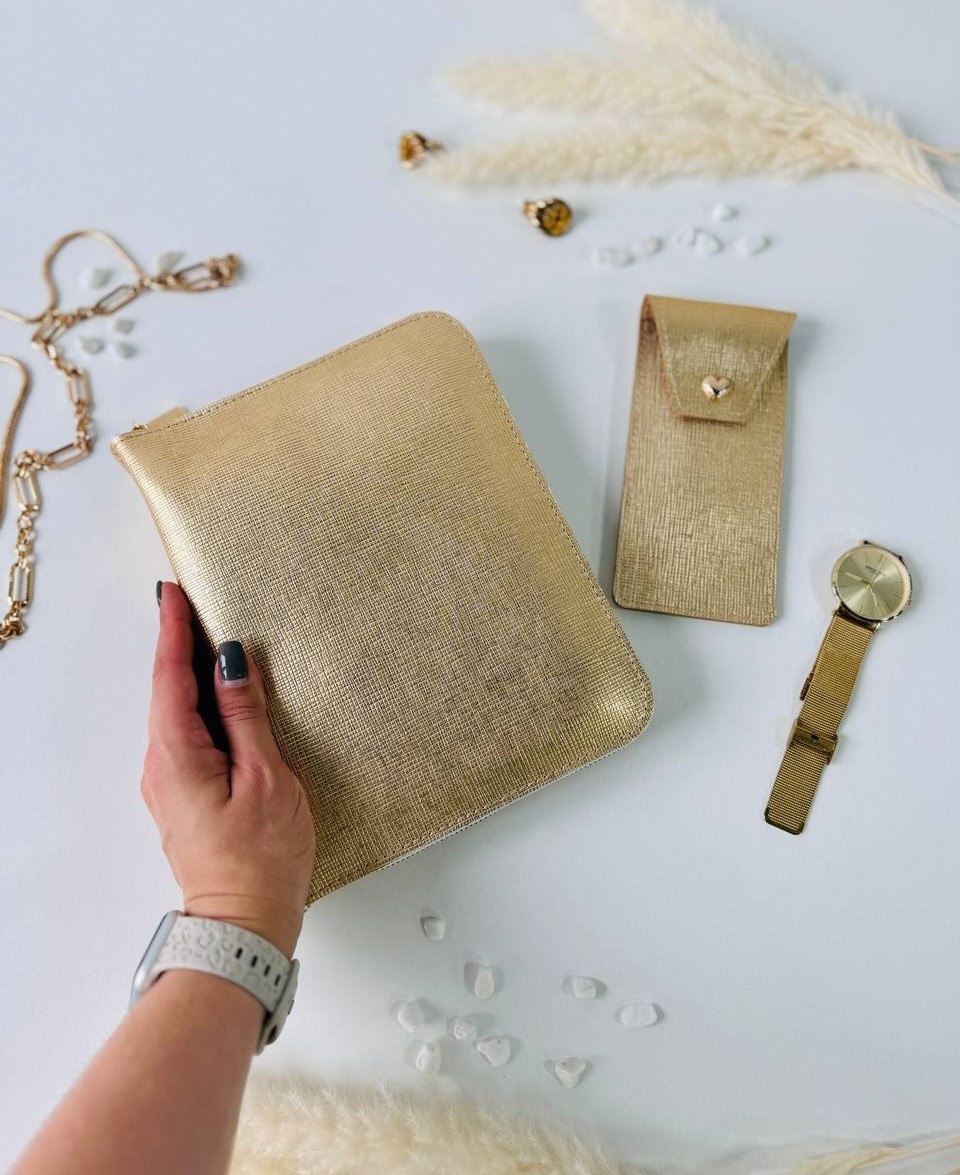 Golden leather Binder Planner Journal Gift A5. Dairy planner organizer handmade.