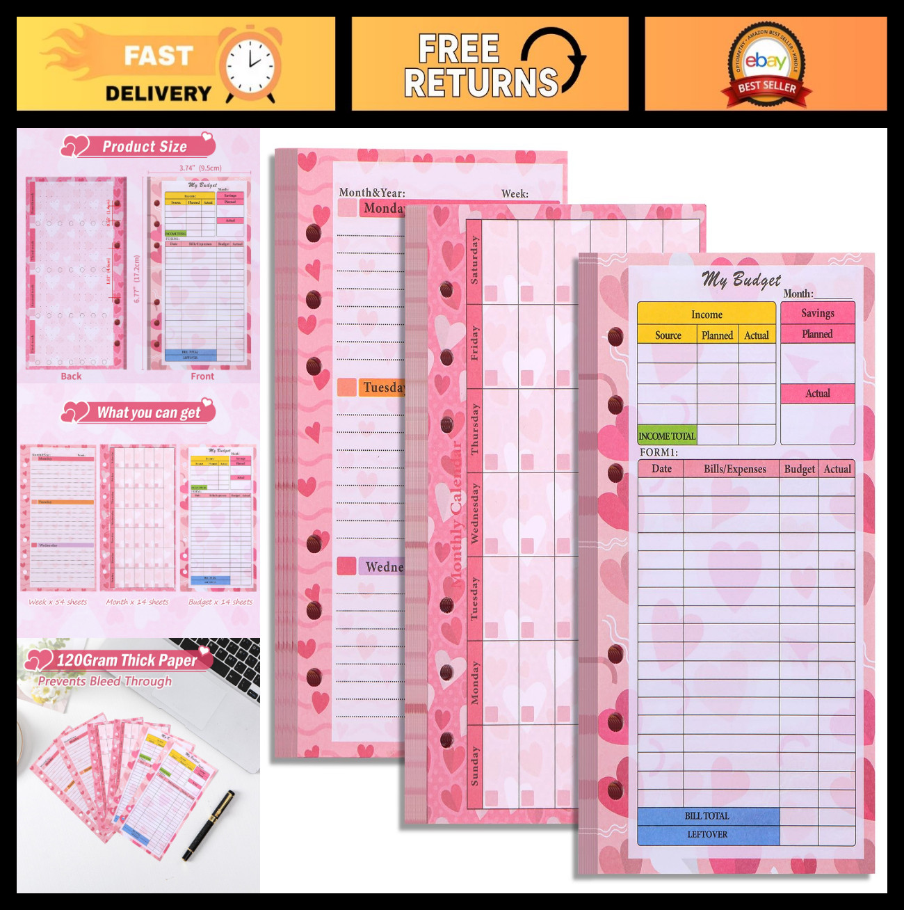 A6 Planner Refill Paper & Budget Sheets – Monthly Weekly Inserts, 6 Hole Expense
