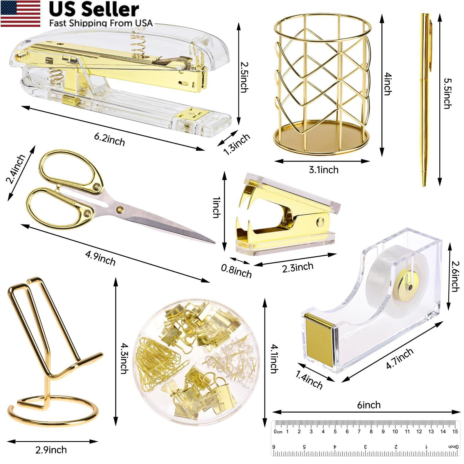 EOOUT Gold Office Supplies Set Desk Accessories, Acrylic Stapler