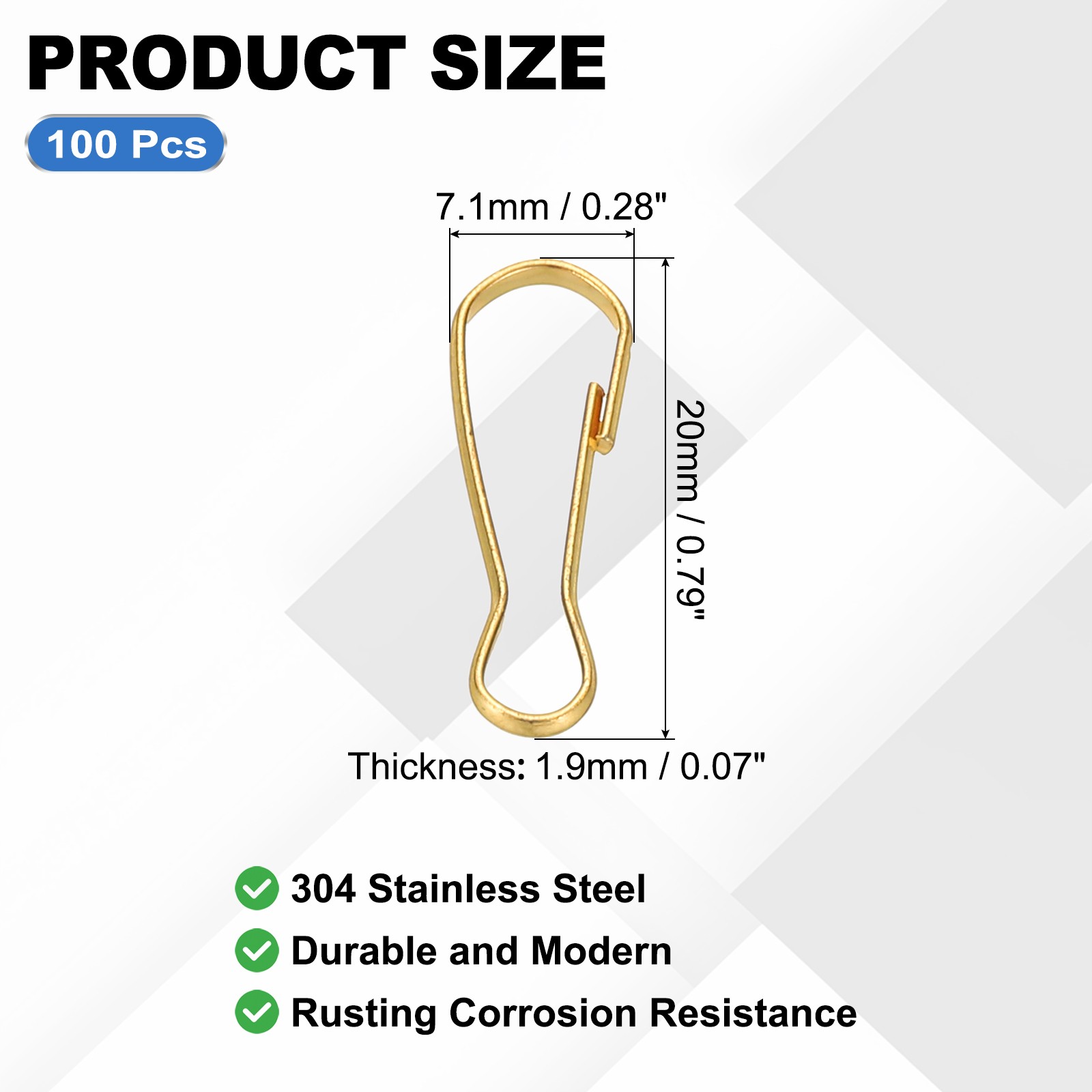 Lanyard Hooks, 100 Pcs 20×7.1×1.9mm Stainless Steel 304 Hook, Gold