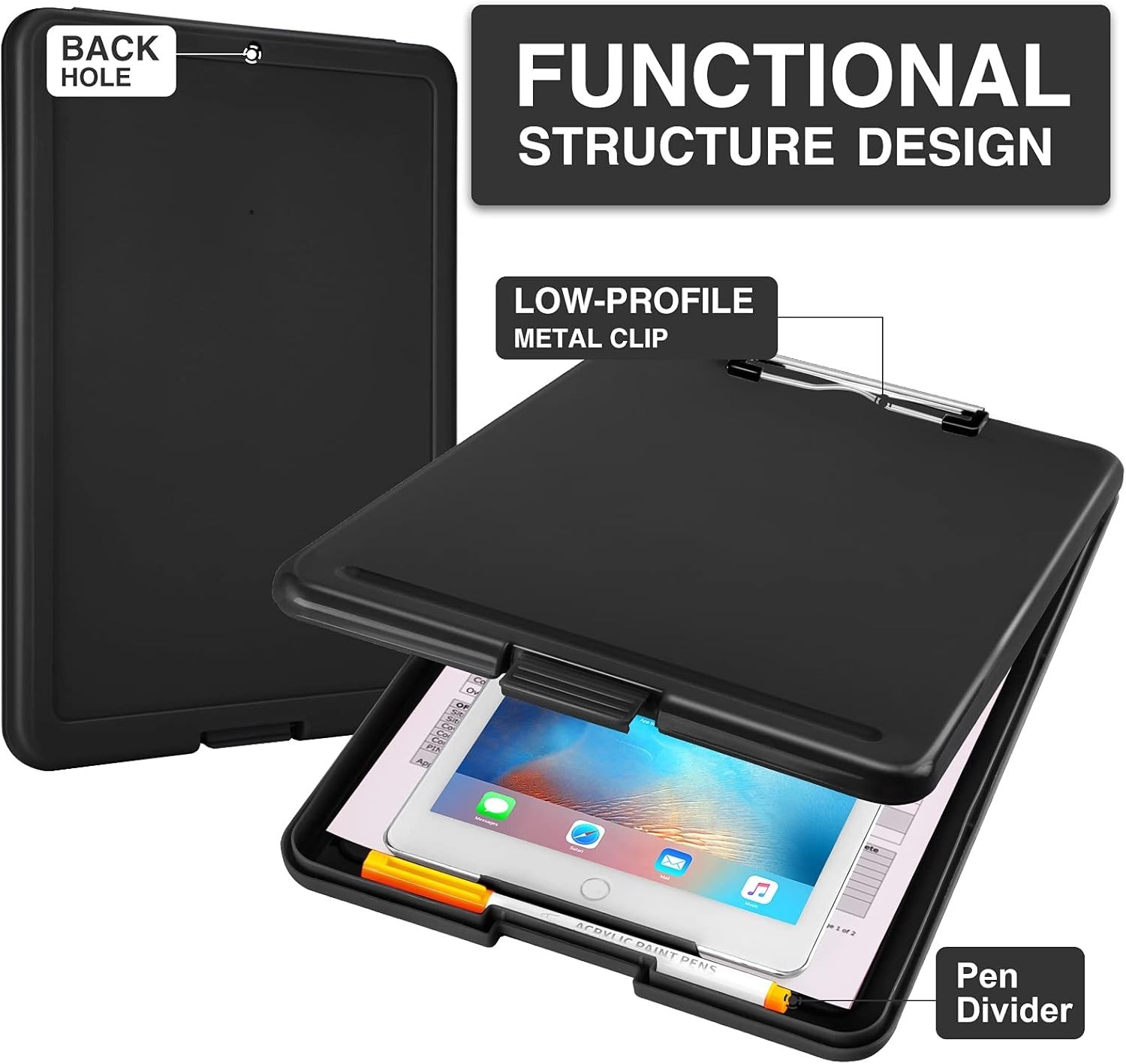 Hinged Clipboard Case with Low-Profile Clip for Easy Document Management – Black