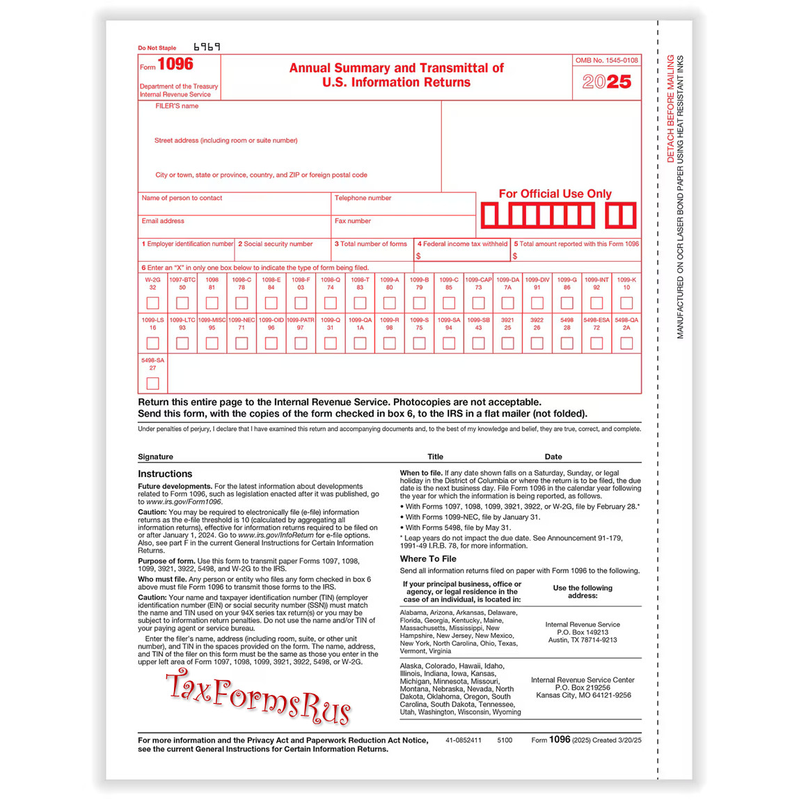 2025 IRS TAX FORMS KIT: 1099-NEC 12 recipients +envelopes +(2)1096 LASER 4pt 3UP