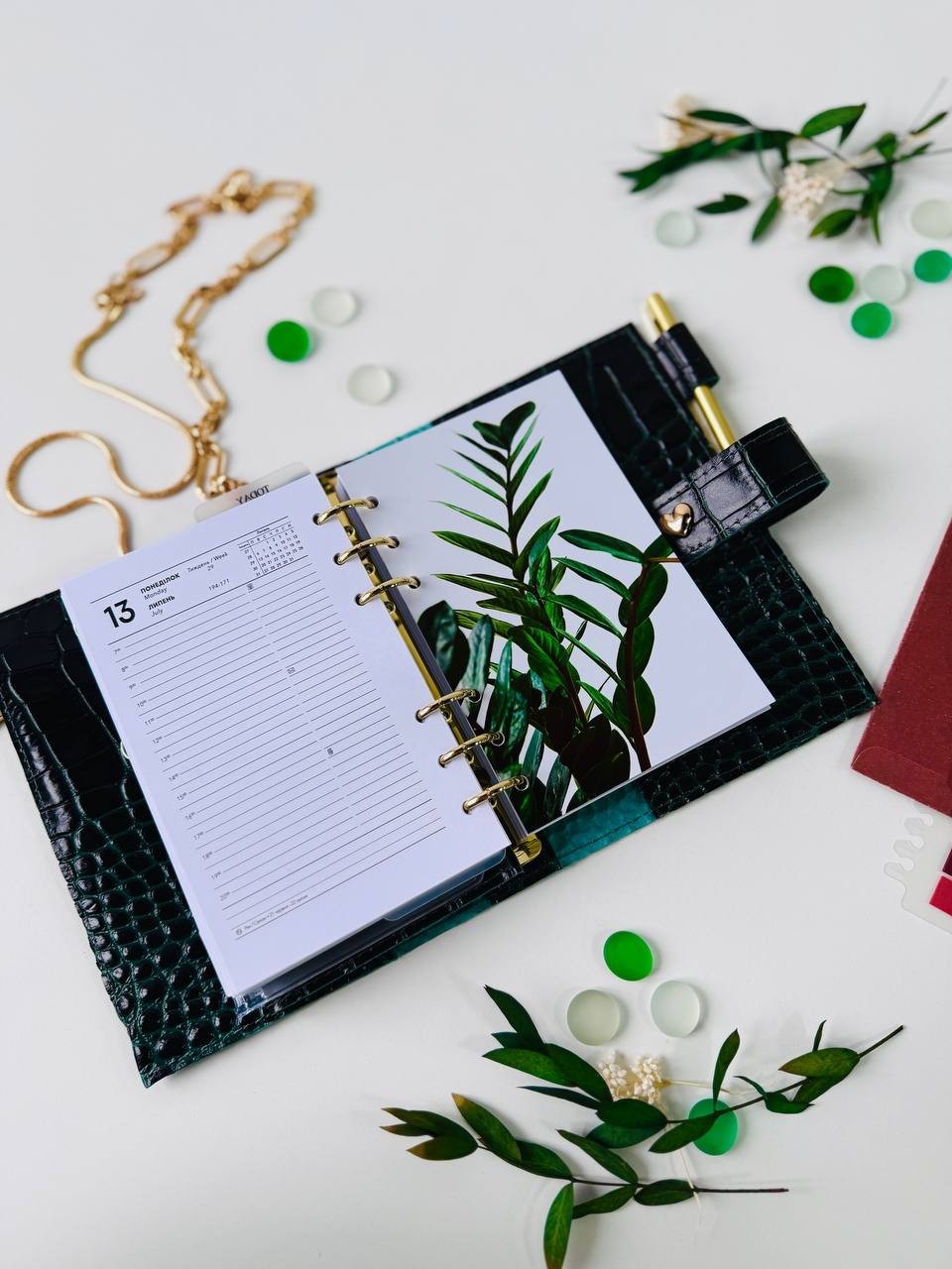 Green A6 leather notebook cover binder 6-Rings. Dated 2026 planner gift for her.