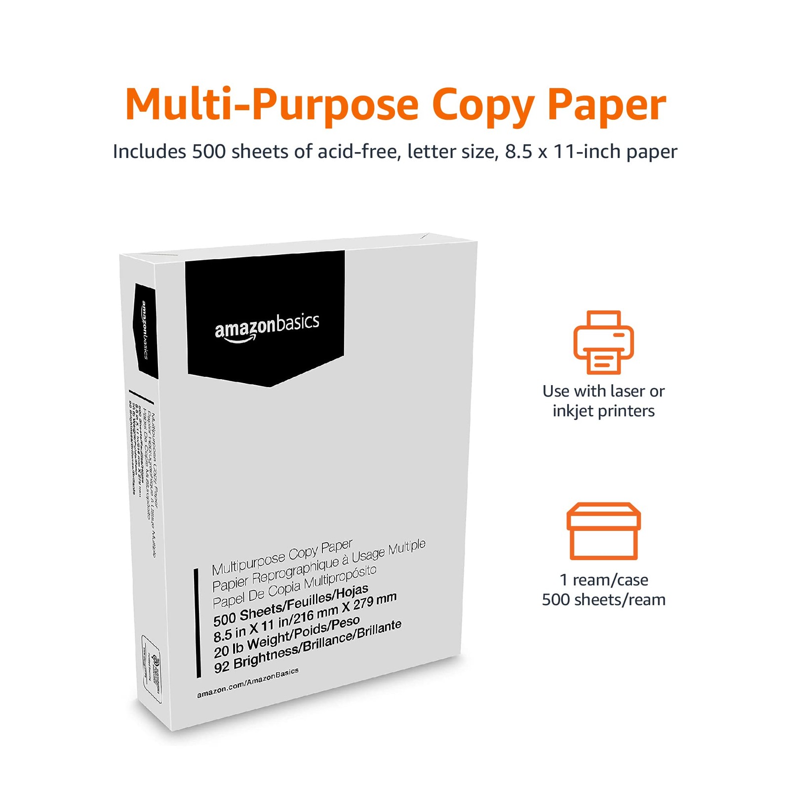 Amazon Basics Multipurpose Copy Printer Paper, 8.5 x 11 Inches, 20 lb, 1 Ream…