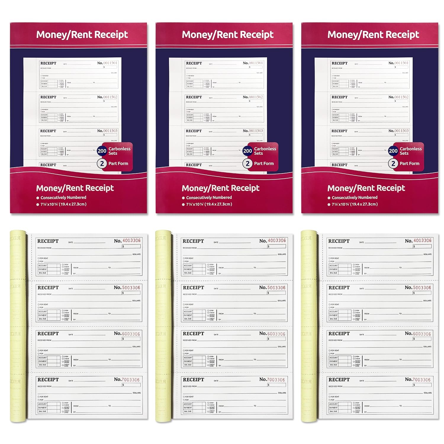6-Pack Large Cash & Rent Receipt Books, Better Office Products, 2-Part ‎pink