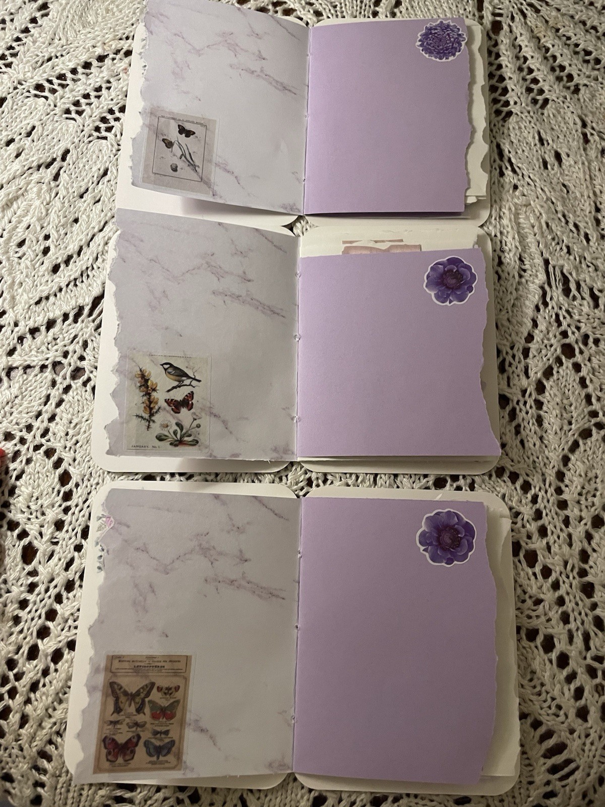 3 Junk Journal Greeting Cards Handmade 5”x3.75” Purple Flower Blank W/Envelopes