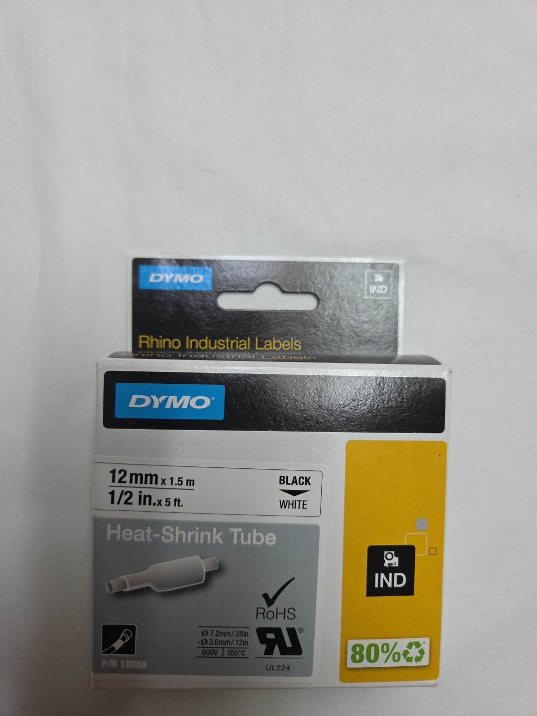 New Dymo Industrial Rhino Labels 1/2 inch 12 mm 5 Ft Black on White