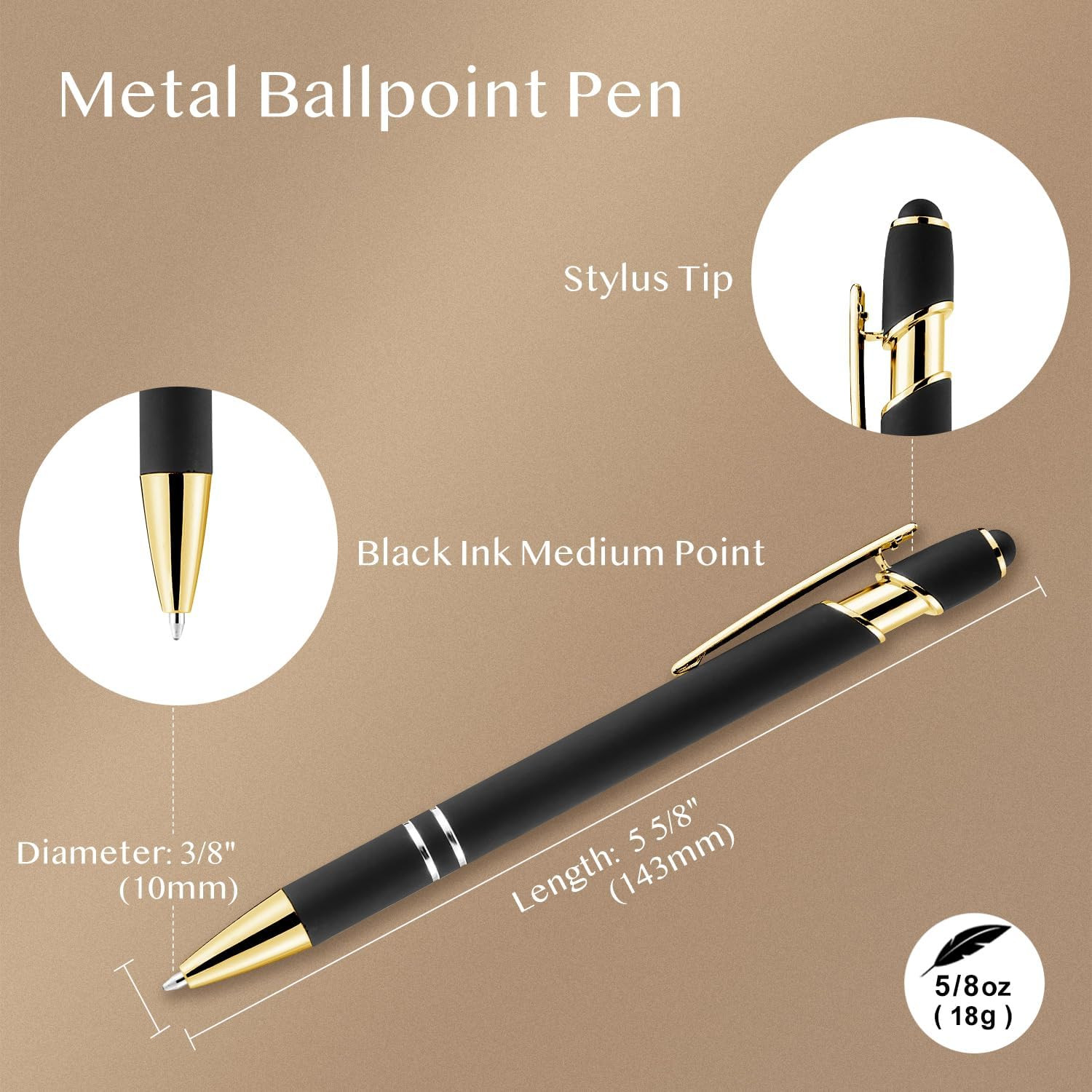 12 Pack Black Gold Ballpoint Pen with Stylus Tip, 1.0 Mm Black Ink Smooth Writin
