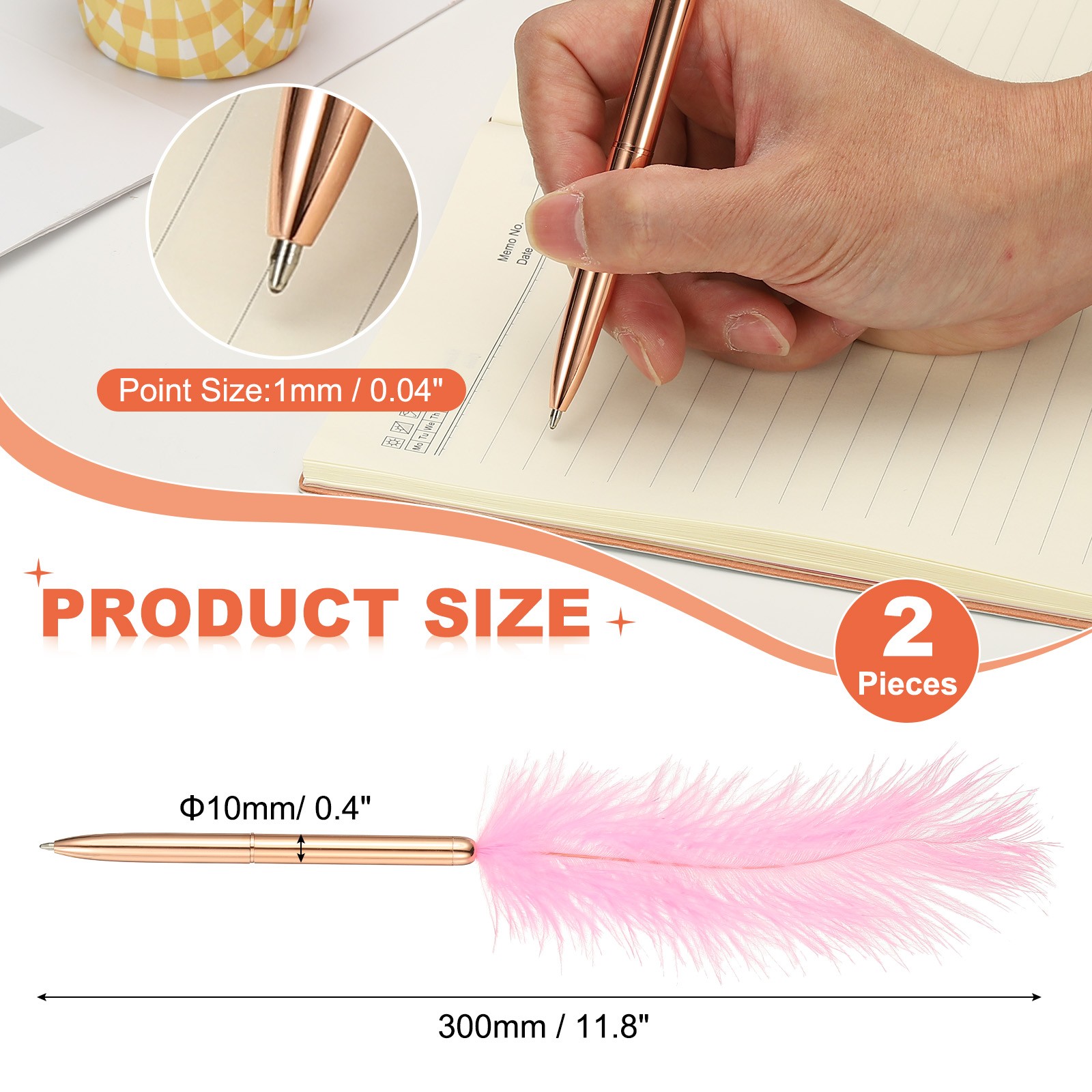 Feather Ballpoint Pens Bulk, 2Pcs Writing Pens Style 1, Pink/Rose Gold