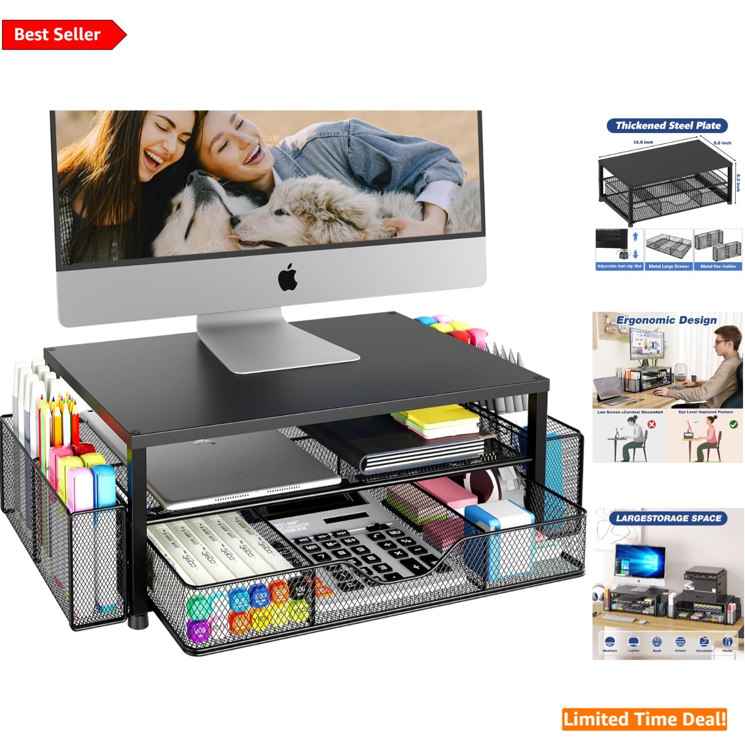 2-Tier Adjustable Monitor Stand Riser with Pen Holders & Drawer – Space-Saving