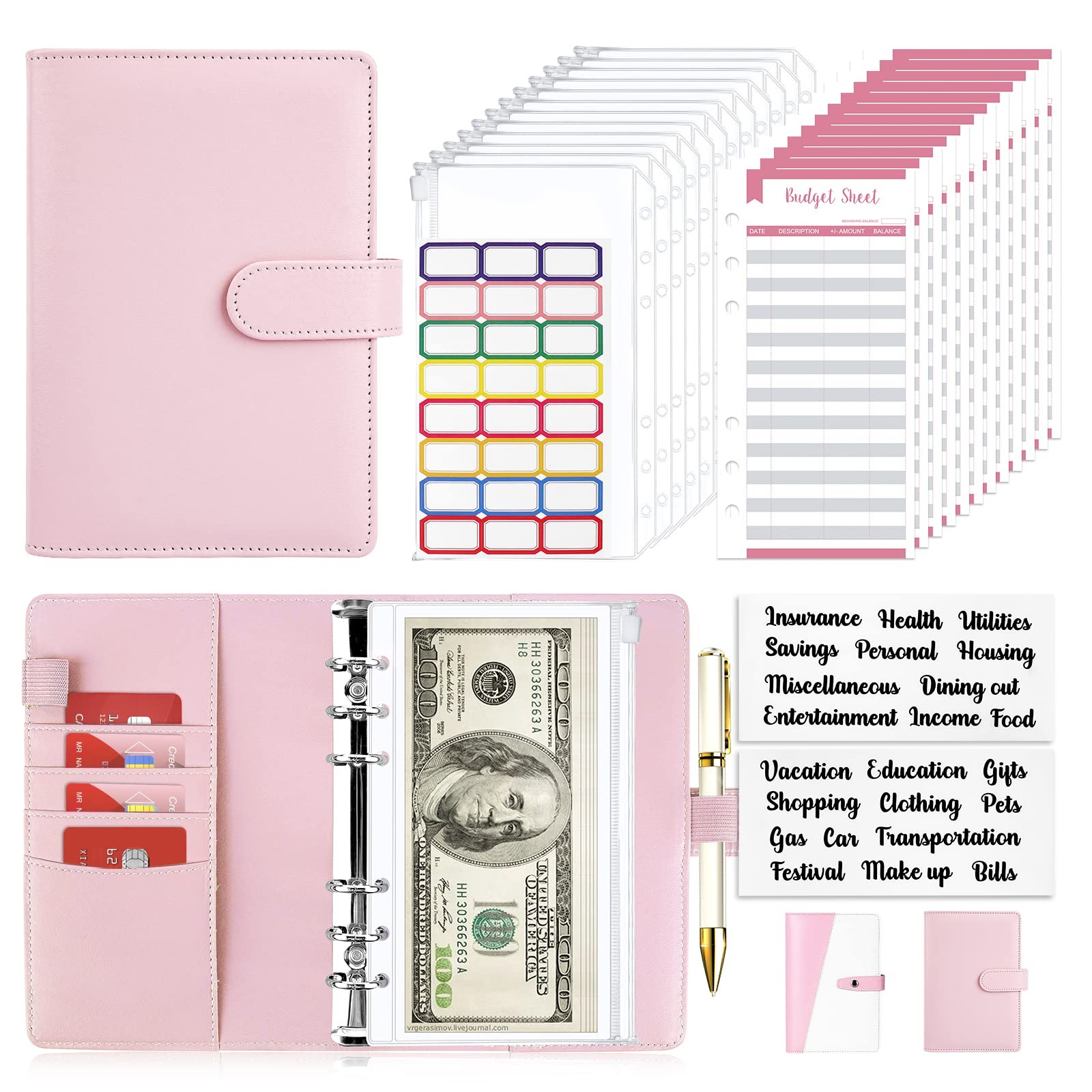 Budget Organizer with Zipper Cash Envelopes – 28 Pcs, Pink