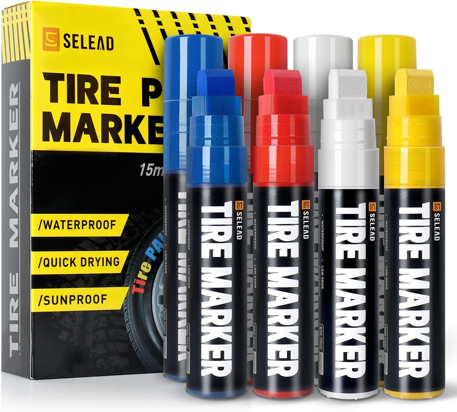 Jumbo Tire Marker White Red Yellow Blue – 8 Pack 15mm Wide Tip Paint Pens for