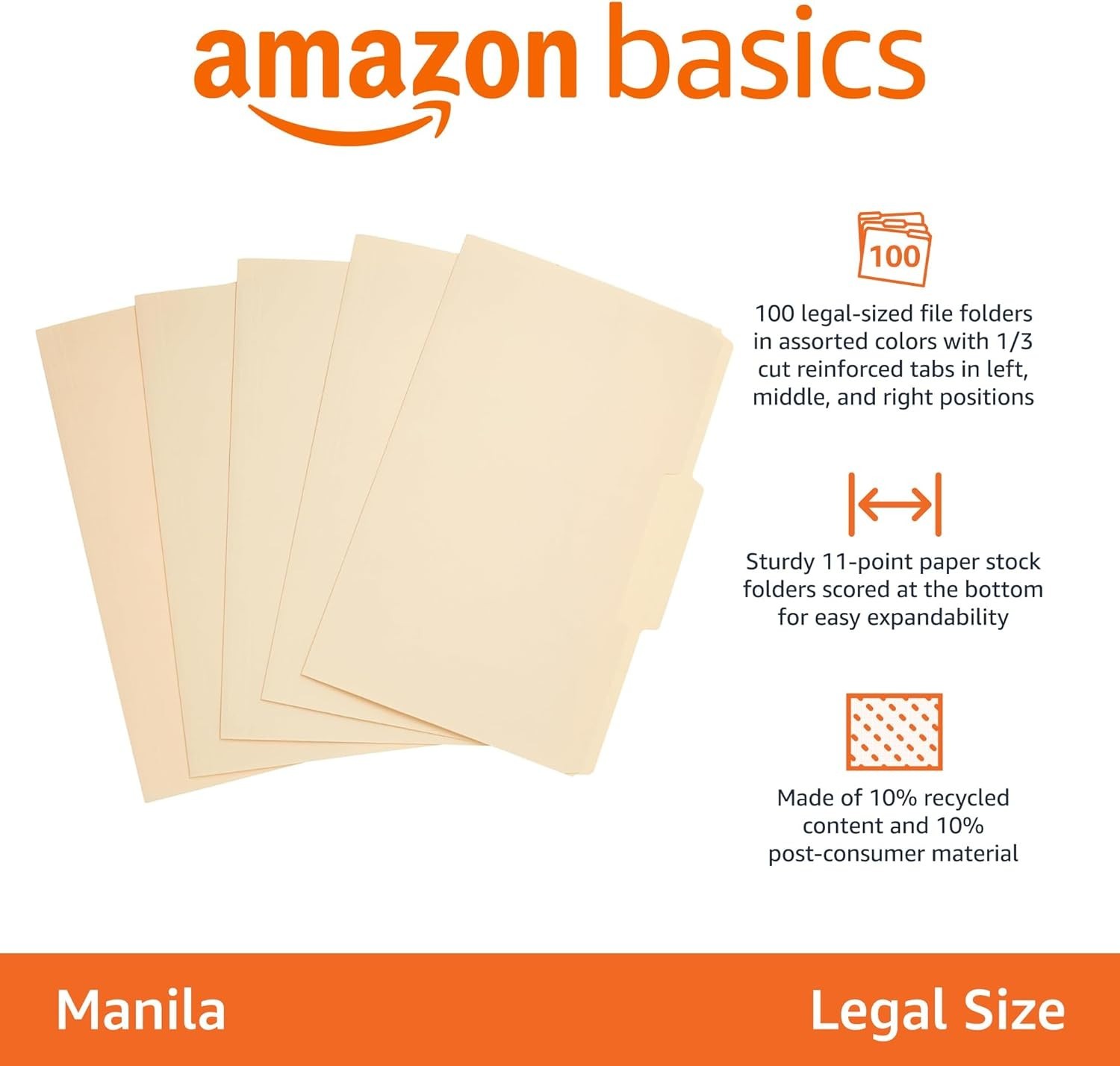 1/3-Cut Tab, Assorted Positions File Folders, Letter Size, Manila – Pack of 100