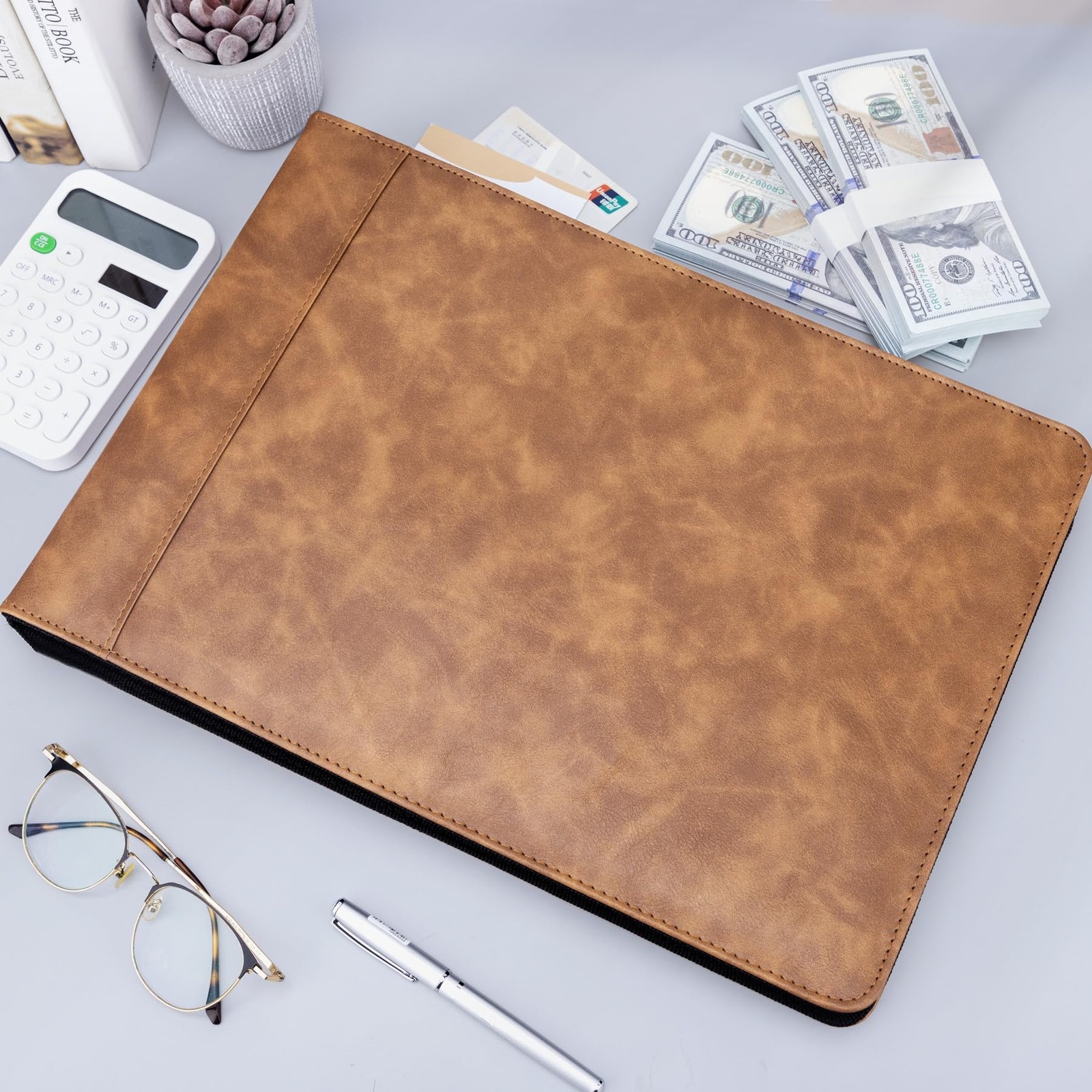 Zippered 7-Ring Business Checkbook Binder PU Leather 600 Checks Organizer Brown