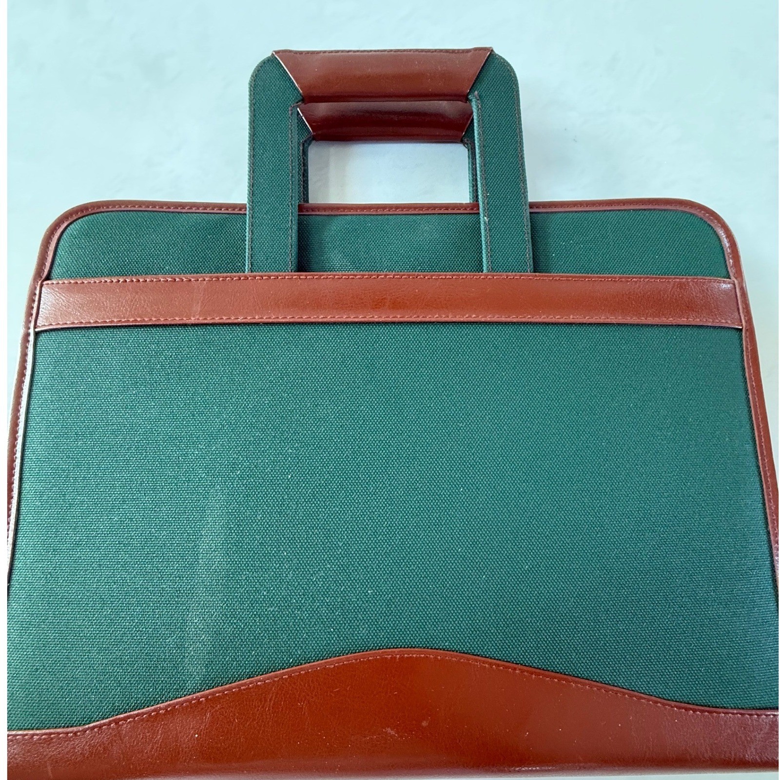 VTG Green Canvas Faux Leather Zip Portfolio Binder Organizer Briefcase Handles