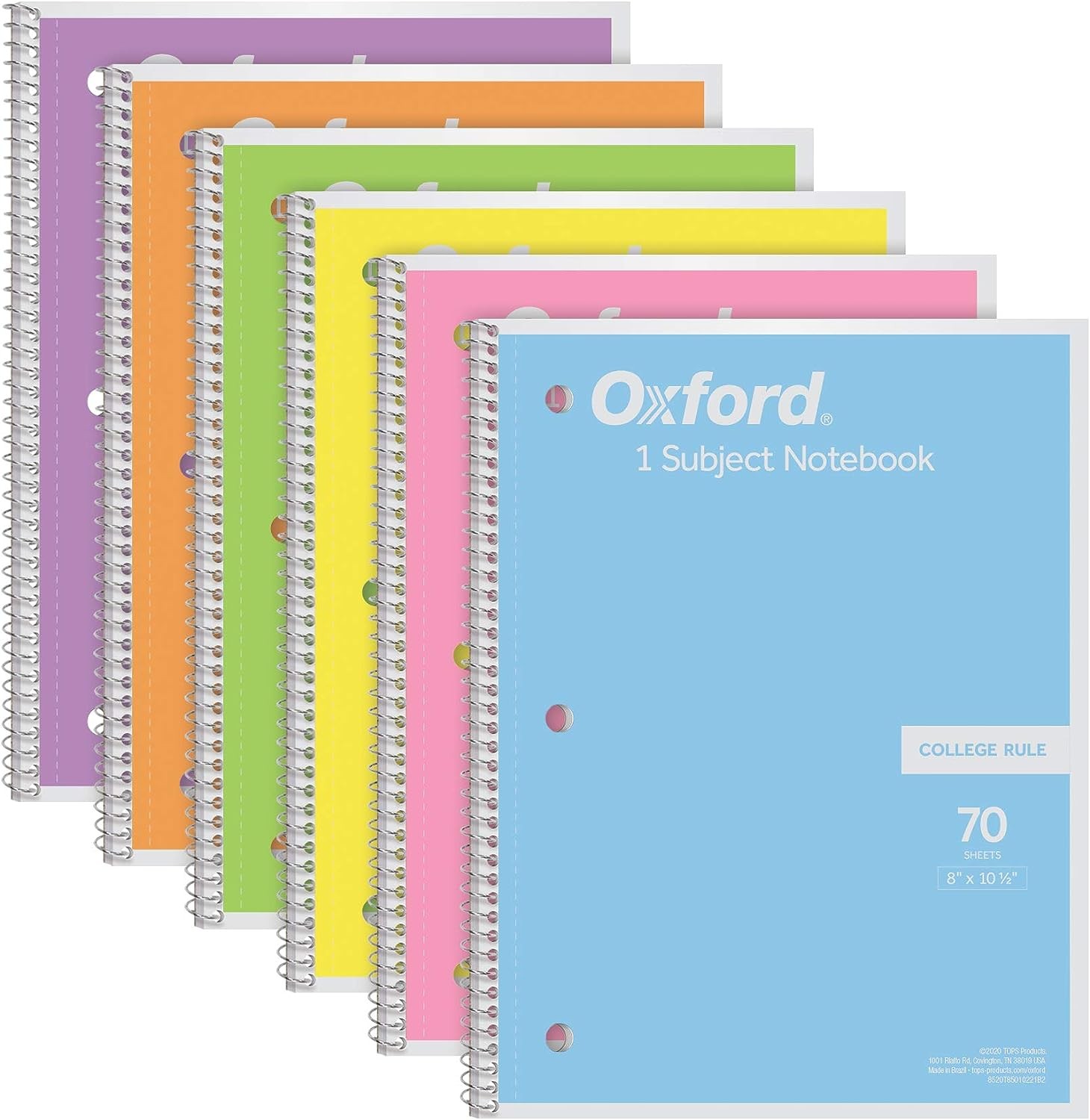 Oxford Spiral Notebook, 1 Subject, College Ruled Paper, Pack of 6, Multicolor