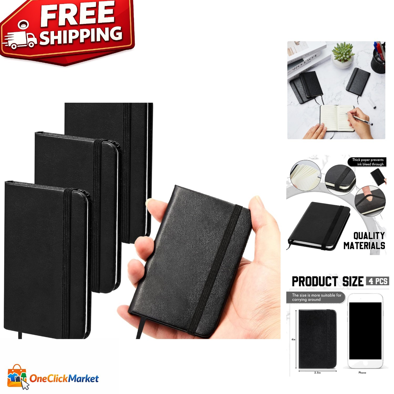 Compact 4-Pc Black Leather Notepad Set – 50 Pages Each for On-the-Go Notes