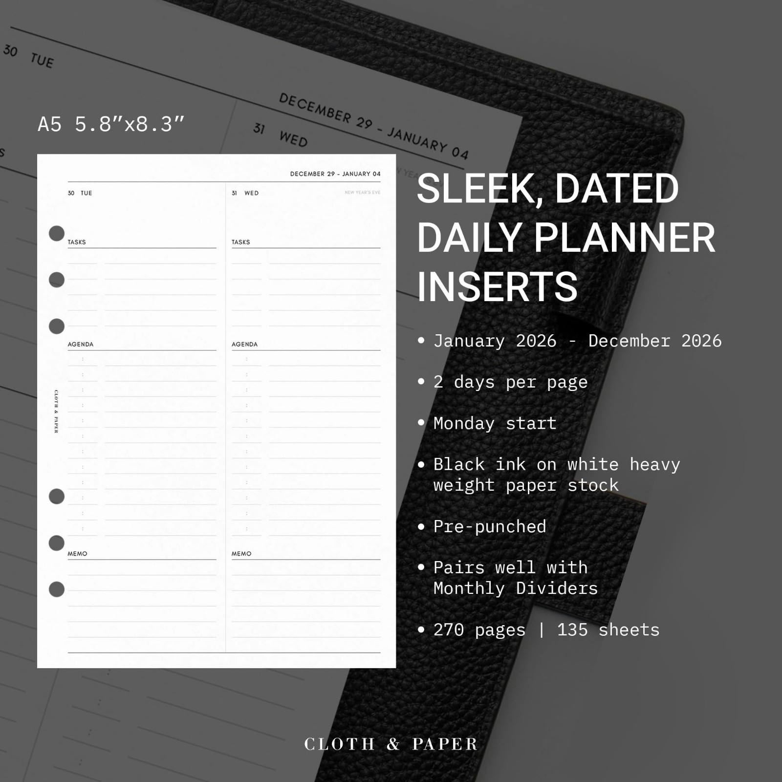 2026 A5 Daily Planner Inserts – 6 Ring Refills, 2 Days/ Page, Minimalist Design