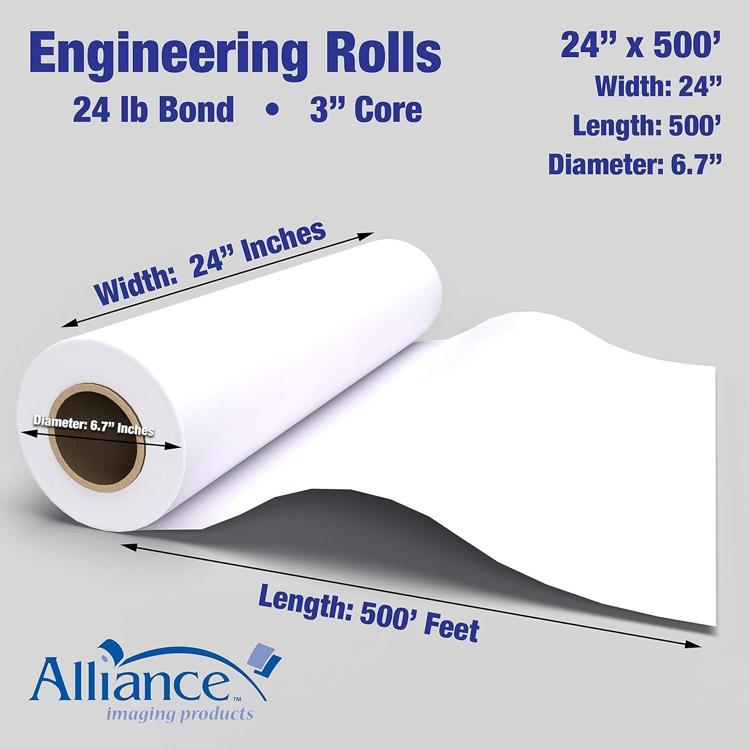 Alliance Wide Format Paper Rolls Bond Engineering 24″ x 500′ x 3″, 24lb. 2 Rolls