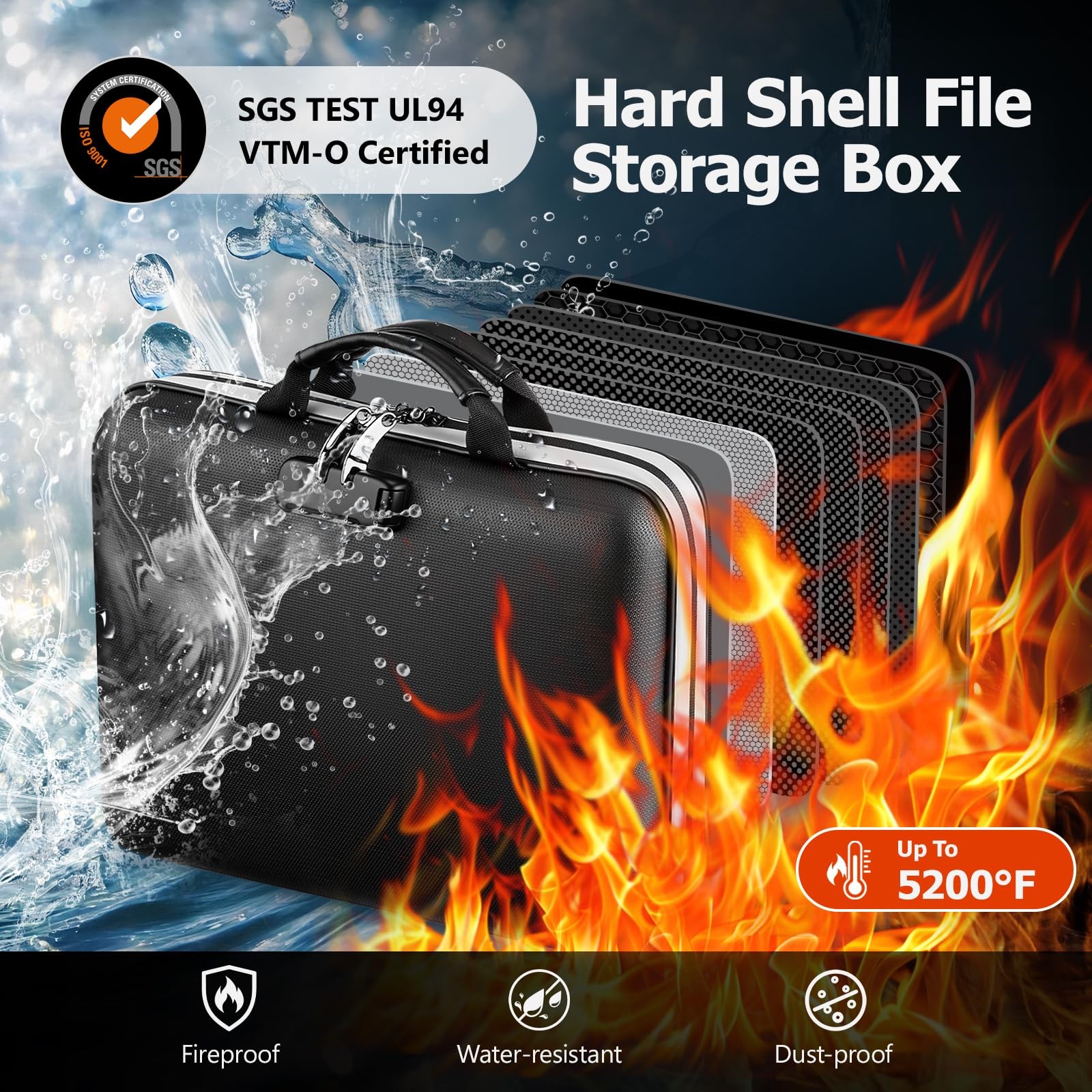 5200? Fireproof File Organizer with Combination Lock Hard Shell Multi-pocket