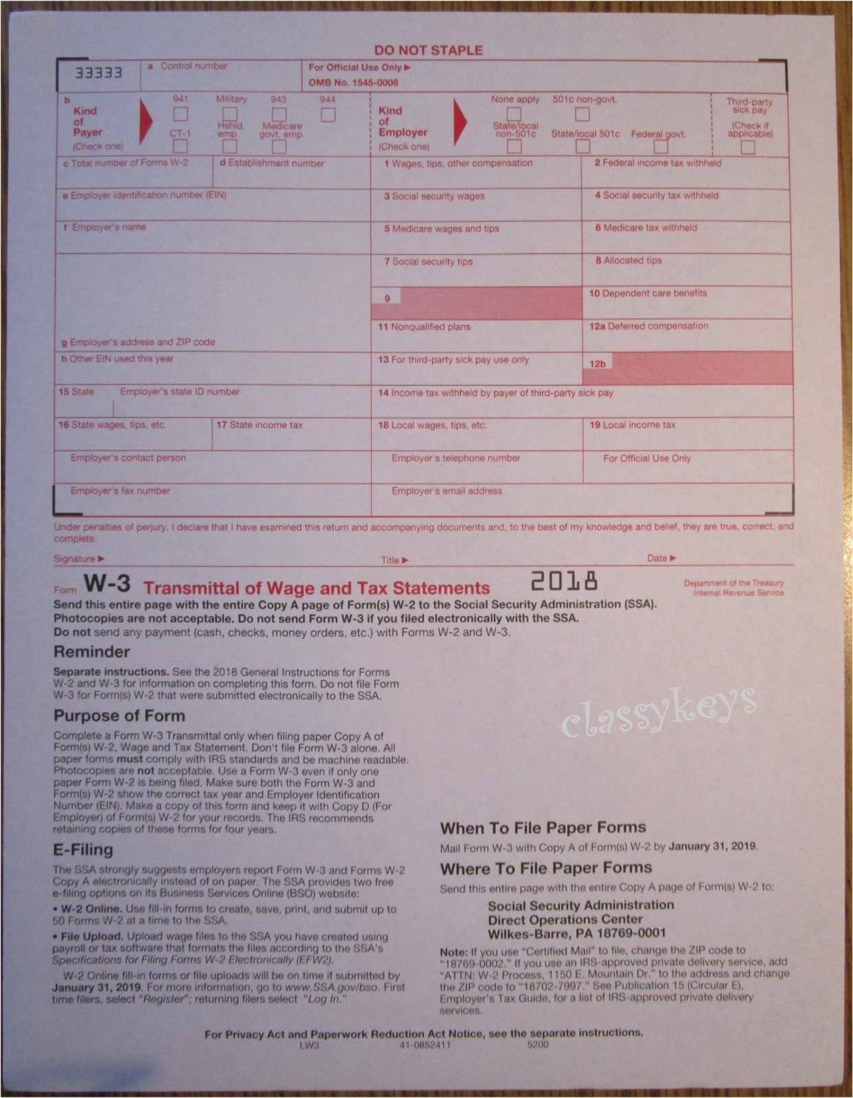 2018 IRS Tax Form W-2 Wage Stmts 6-pt LASER 10 employees +(2)W3 #TF5650 NO Env