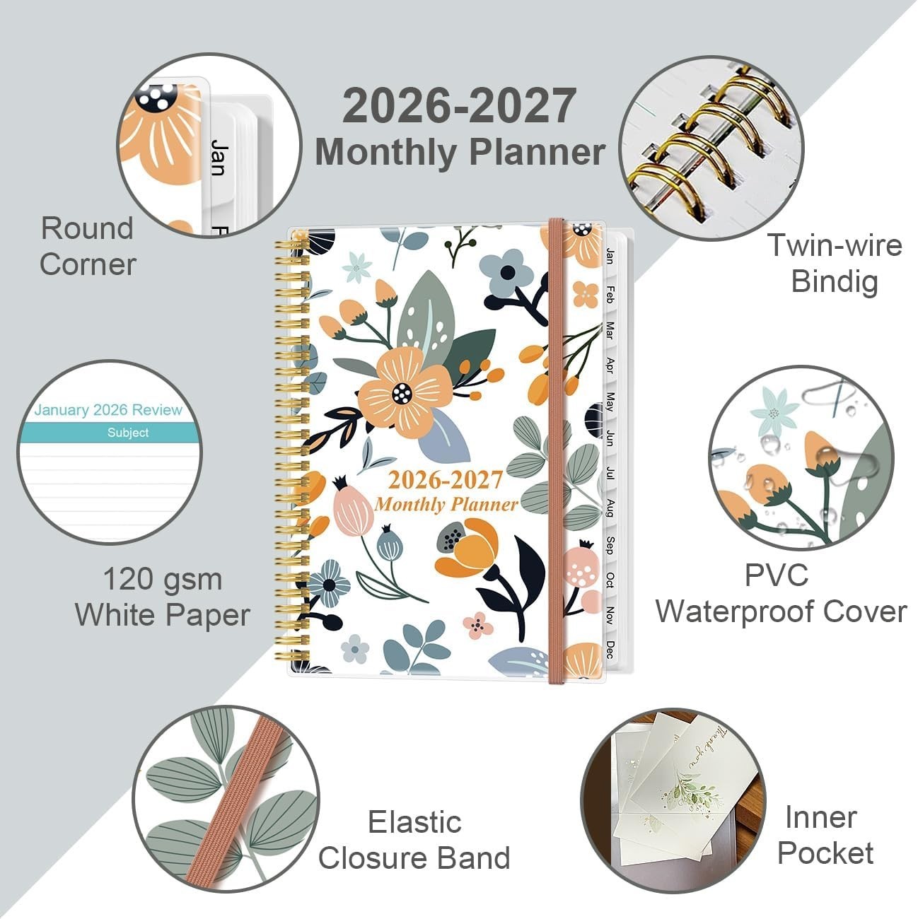 9″ x 11″ Planner with Tabs: 18- Daily Organizer and Inner Pocket