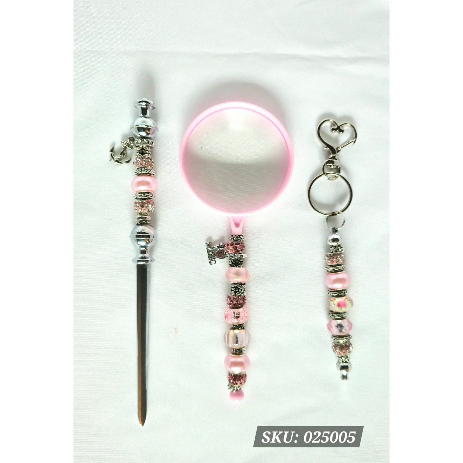 Three Piece Lt Pink Beaded Desk Accessory Set.