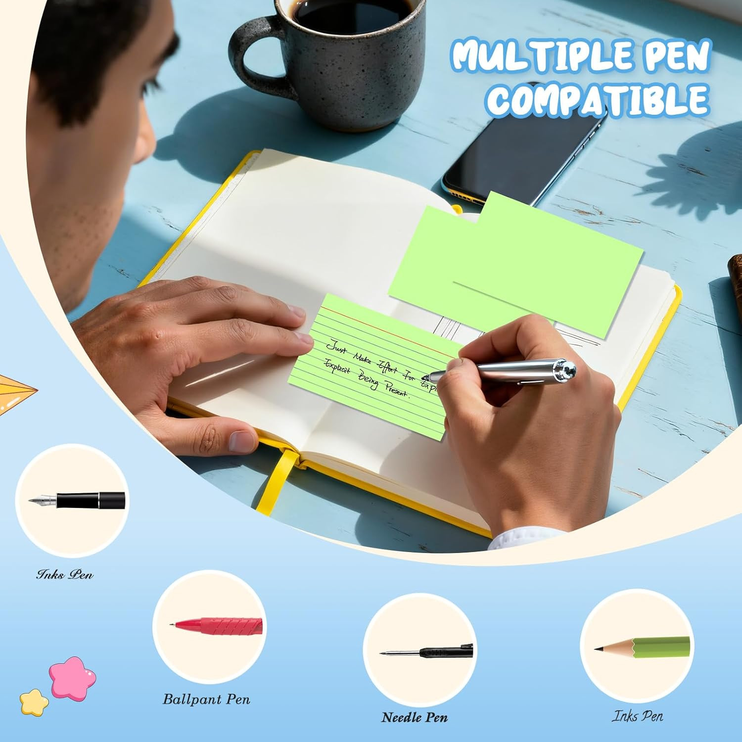 Green Index Cards 3×5, 250 Count Notecards 3×5 Lined, 3 x 5 Index Cards Ruled Fl