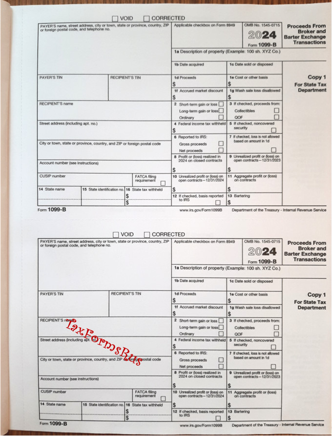 2024 IRS Tax Form 1099-B — NonCarbonless for 10 recipients + (2) 1096 — NO Env
