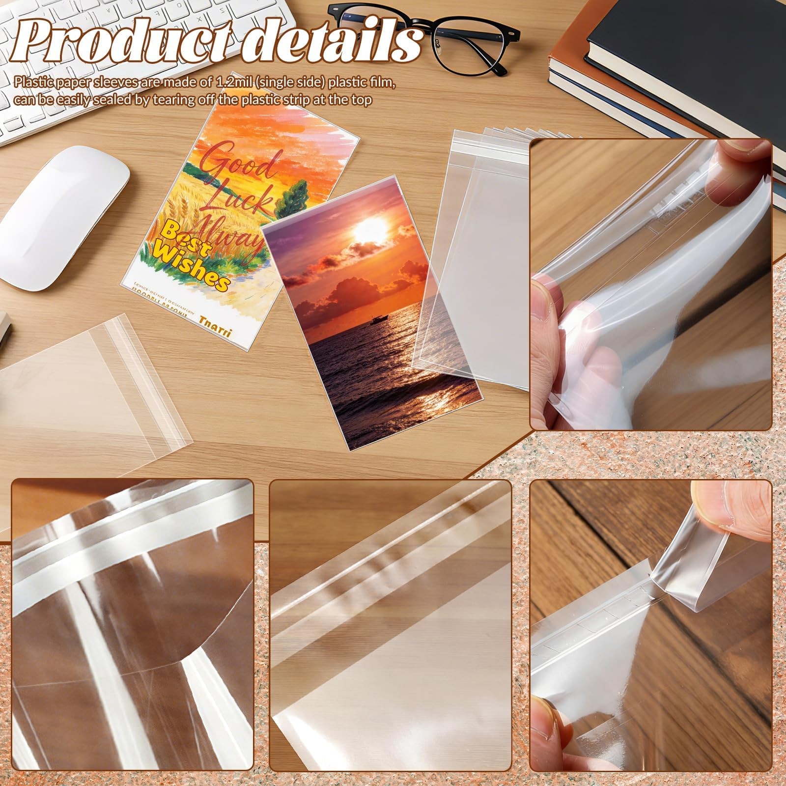 200 Pack 4.5×6.5 Inch Clear Self-Sealing Cellophane Bags, Resealable Plastic Sle