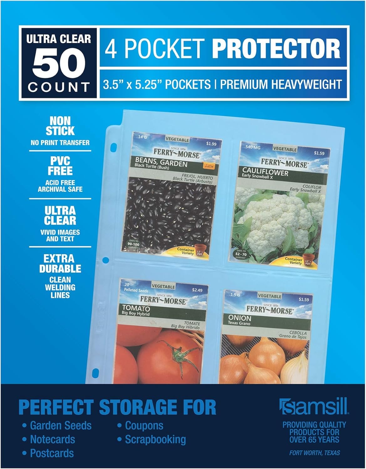“50 Pack Heavy Weight 4 Pocket Garden Storage Clear Sheet Protectors, Seed Organ