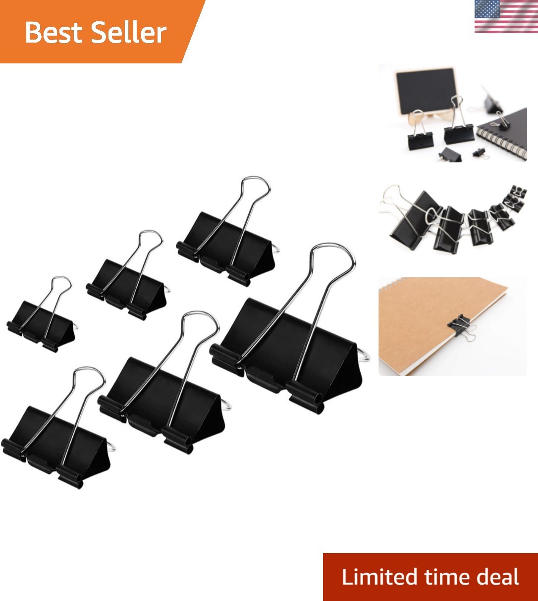 100 Count Assorted Binder Clips in 6 Sizes – Durable Tempered Steel Clamps