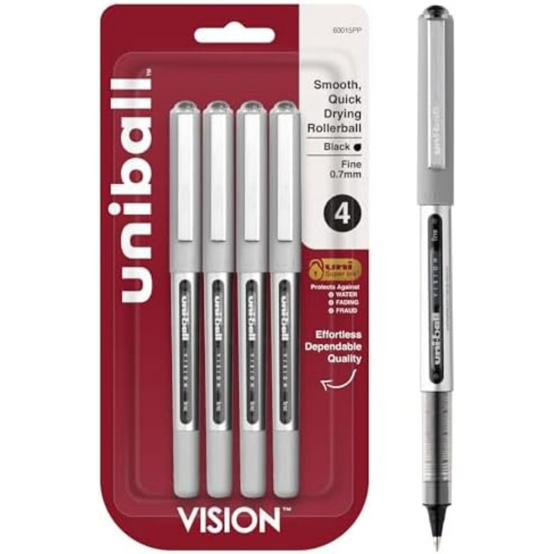 Uniball Vision Rollerball Pens with 0.7mm Fine Point, Black, 4 Count