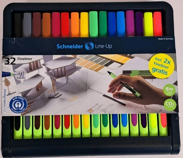 Schneider 0.4mm Bio-Based Fineliners with Case Stand, 32 Colors