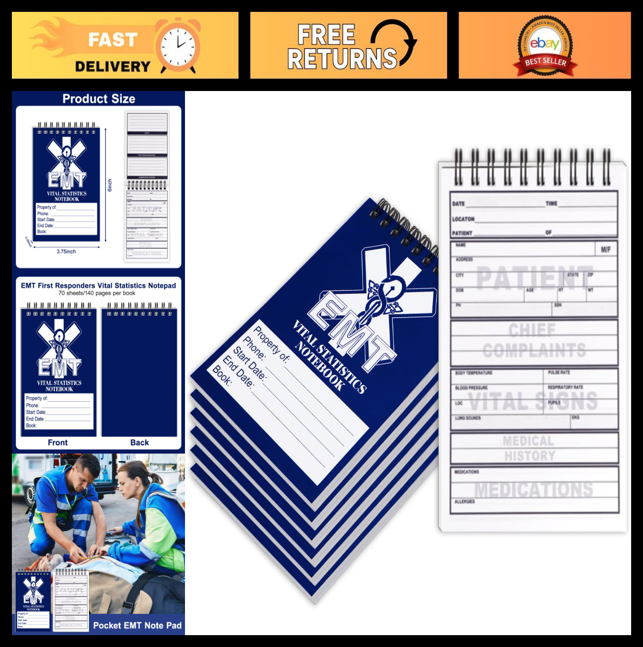 EMT First Responders Vital Statistics Notepad – 6 Pack Medical Notebook, 70 Shee