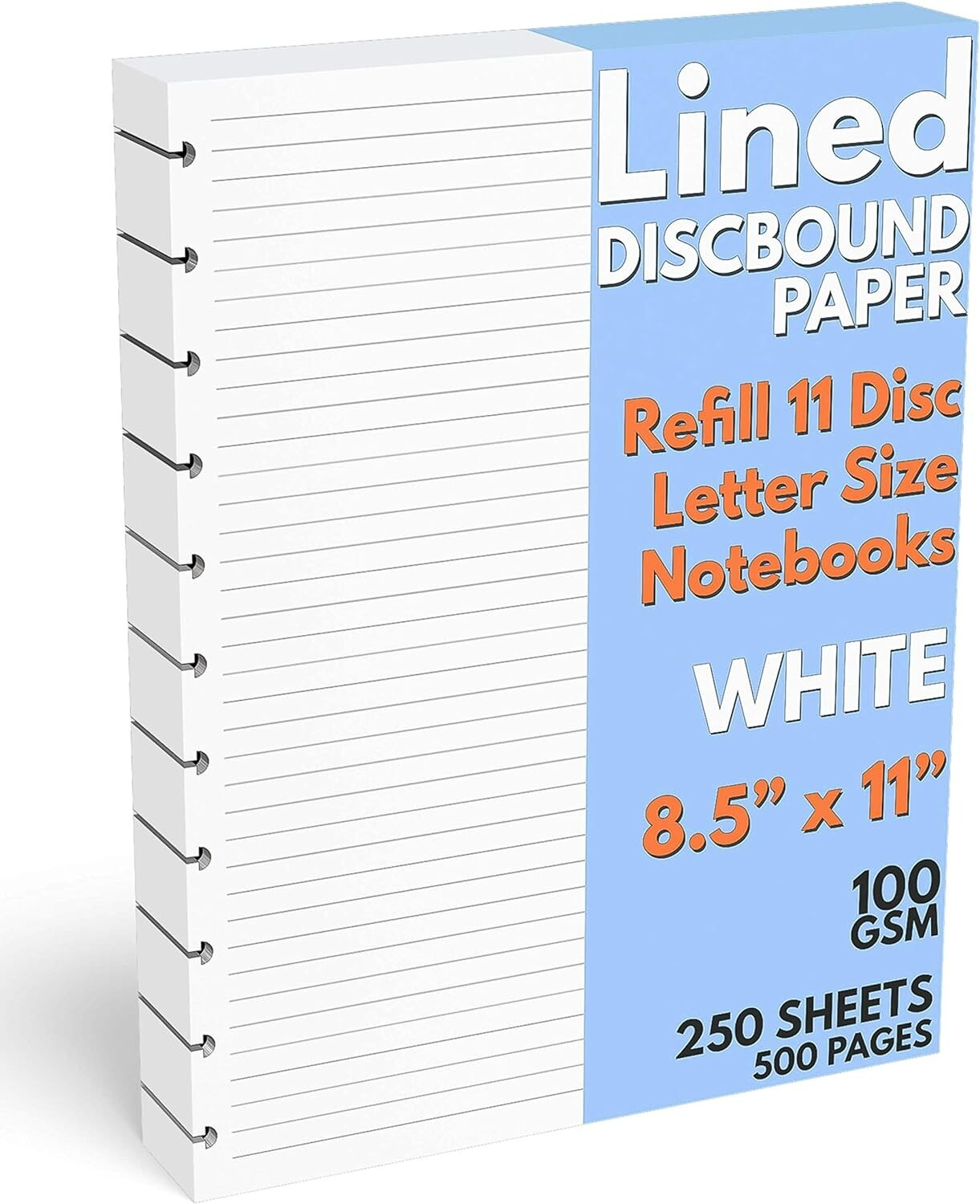Letter Size Lined Paper Refill – 250 Sheets, 8.5×11 in, 100 GSM, 11 Disc Note…
